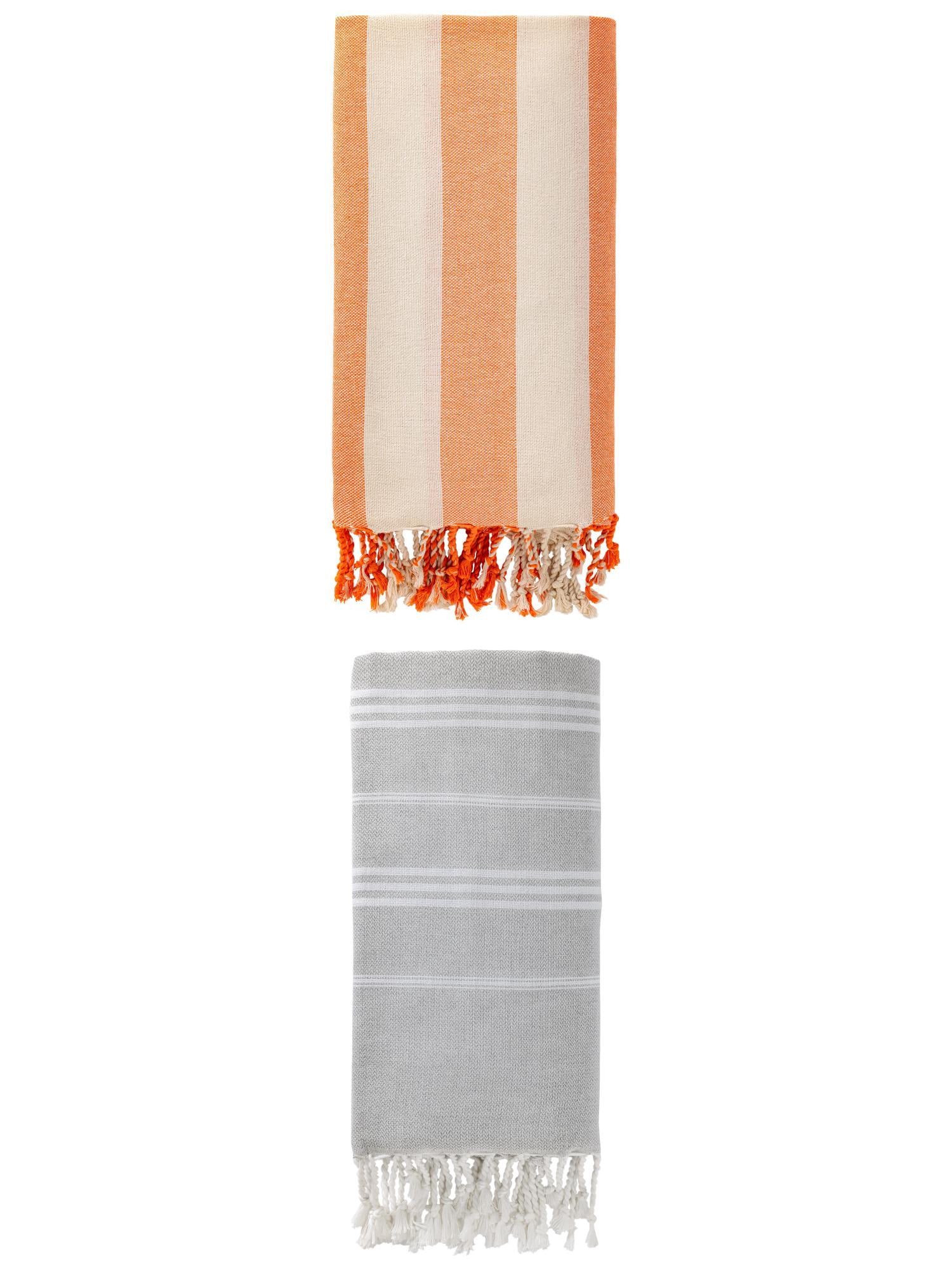 Unique Bargains 2 Pack Stripe Turkish Sand Proof Beach Towel Grey/Orange 71"x 35"/71"x 40"