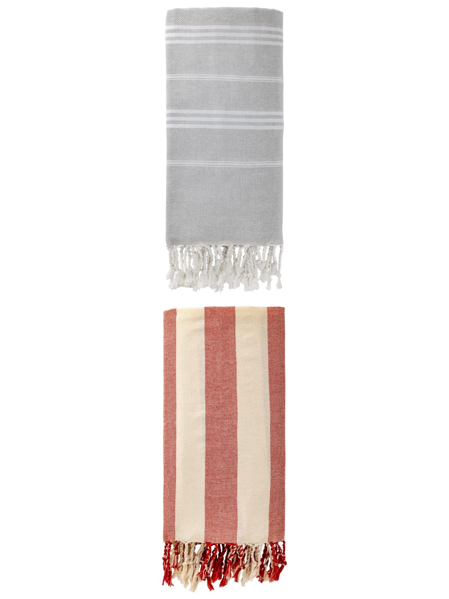 Unique Bargains 2 Pack Stripe Turkish Sand Proof Beach Towel Grey/Red 71" x 35"/71" x 40"