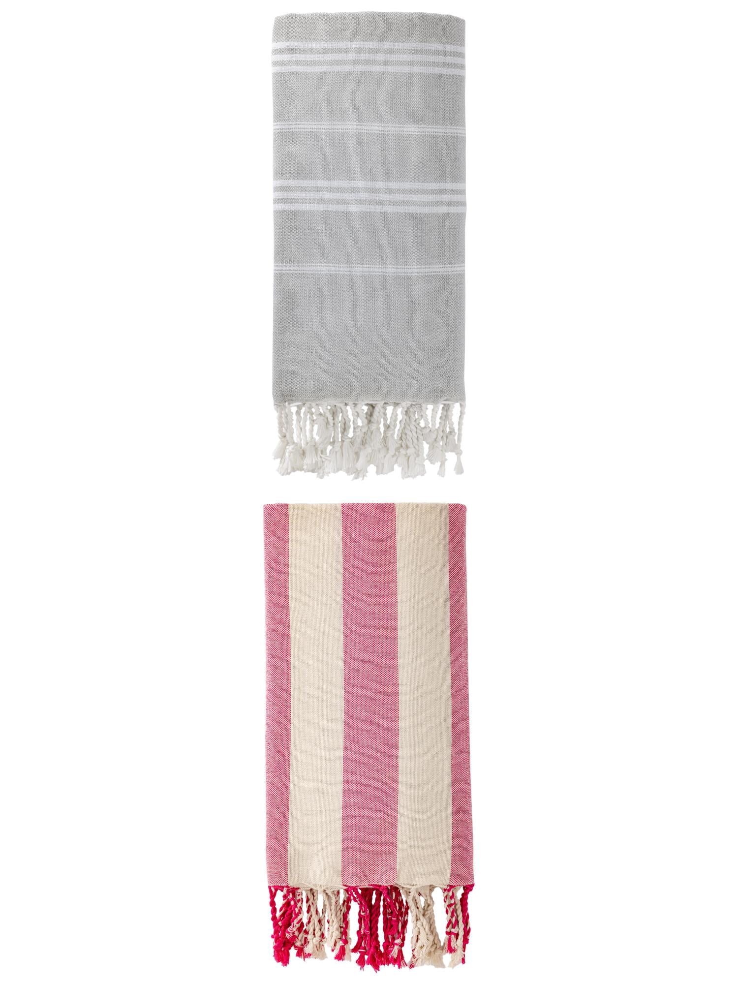 Unique Bargains 2 Pack Stripe Turkish Sand Proof Beach Towel Grey/Rose Red 71"x35"/71 x40"