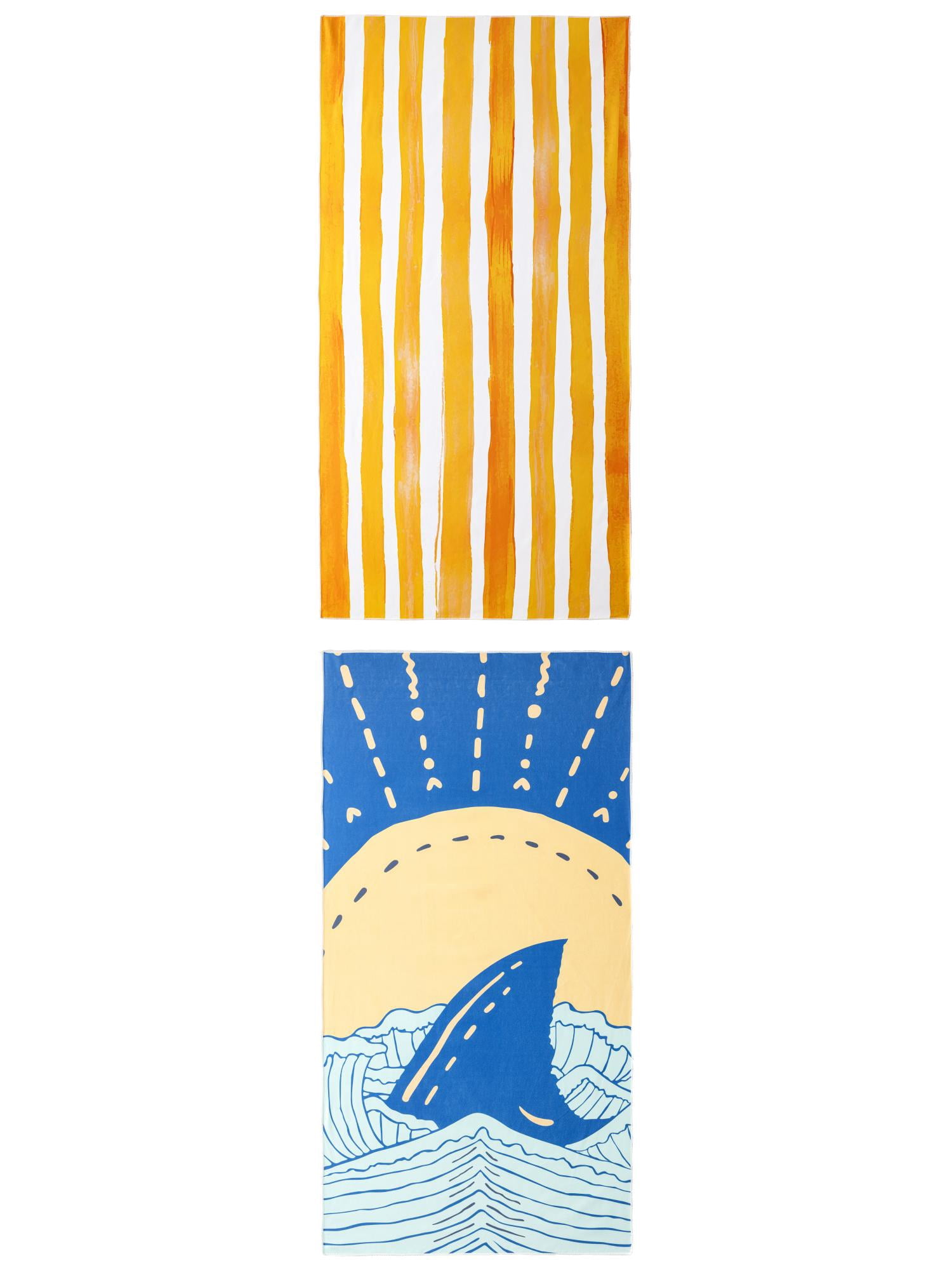 Unique Bargains 2 Pack Striped Quick Dry Absorbent Beach Towel Yellow/Navy Blue 63" x 31"