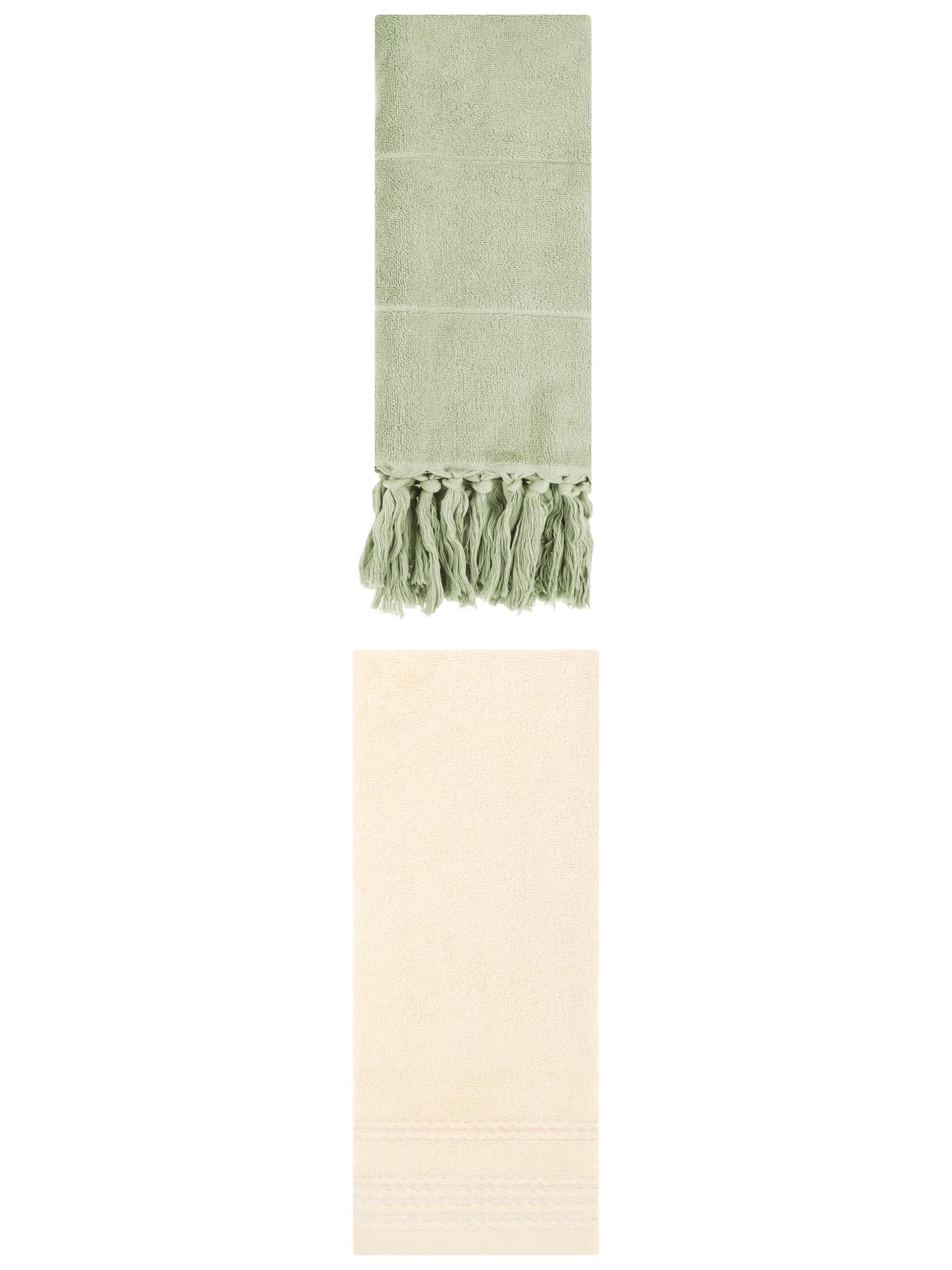 Unique Bargains 2 Pack Striped Tassels Hand Towels for Bathroom 14" x 30" Green/Beige