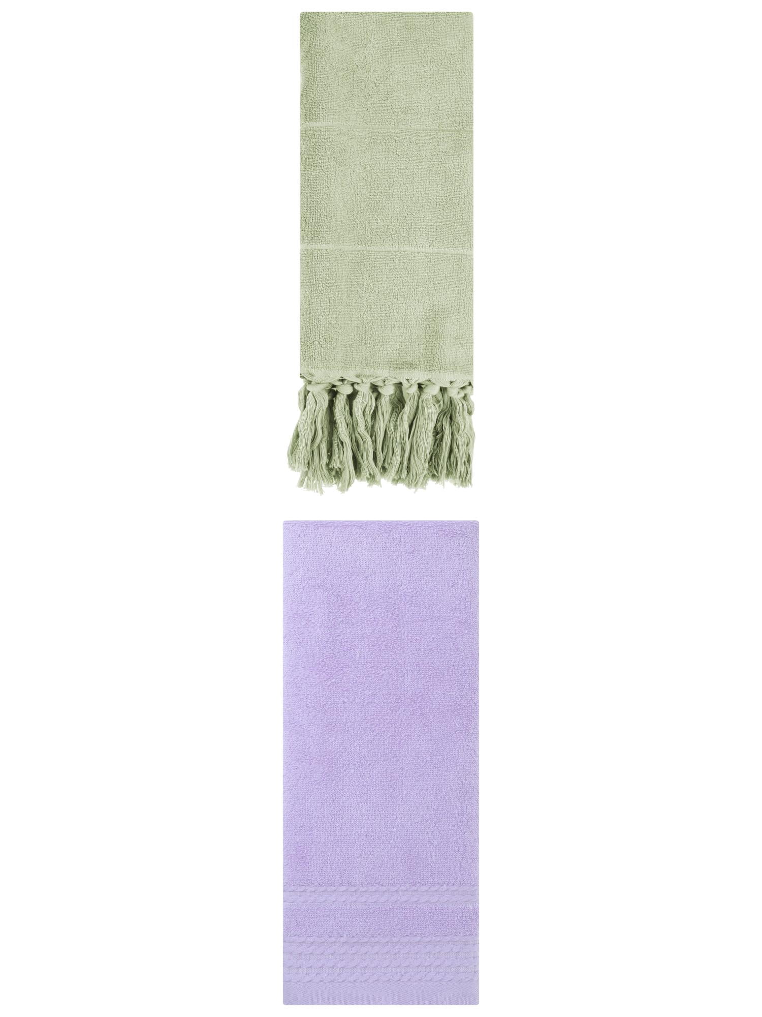 Unique Bargains 2 Pack Striped Tassels Hand Towels for Bathroom 14" x 30" Green/Purple