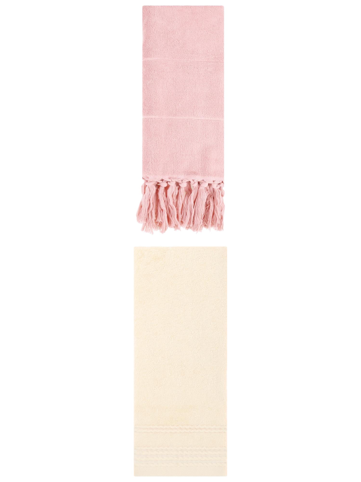 Unique Bargains 2 Pack Striped Tassels Hand Towels for Bathroom 14" x 30" Pink/Beige