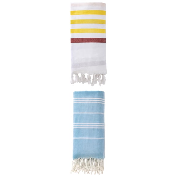 Unique Bargains 2 Pack Striped Turkish Beach Towel Brown/Light Blue 71"x40"/71"x35"