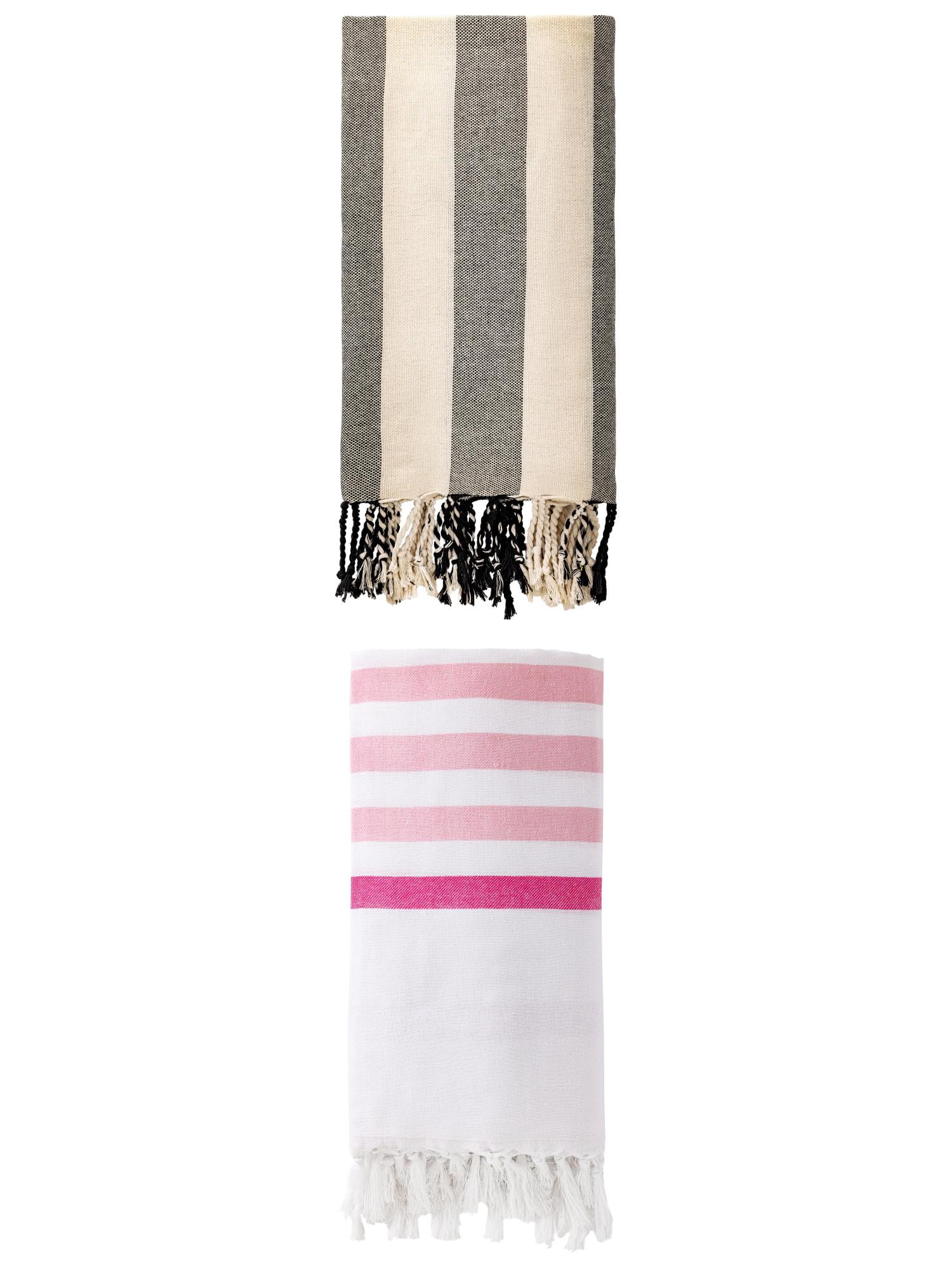 Unique Bargains 2 Pack Striped Turkish Tassel Beach Towels Pink/Black 71"x40"