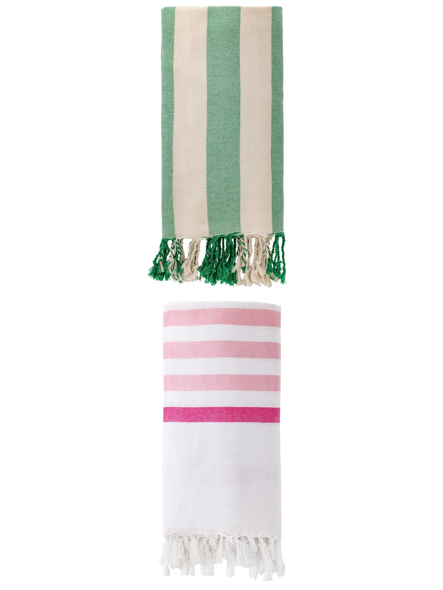 Unique Bargains 2 Pack Striped Turkish Tassel Beach Towels Pink/Green 71"x40"