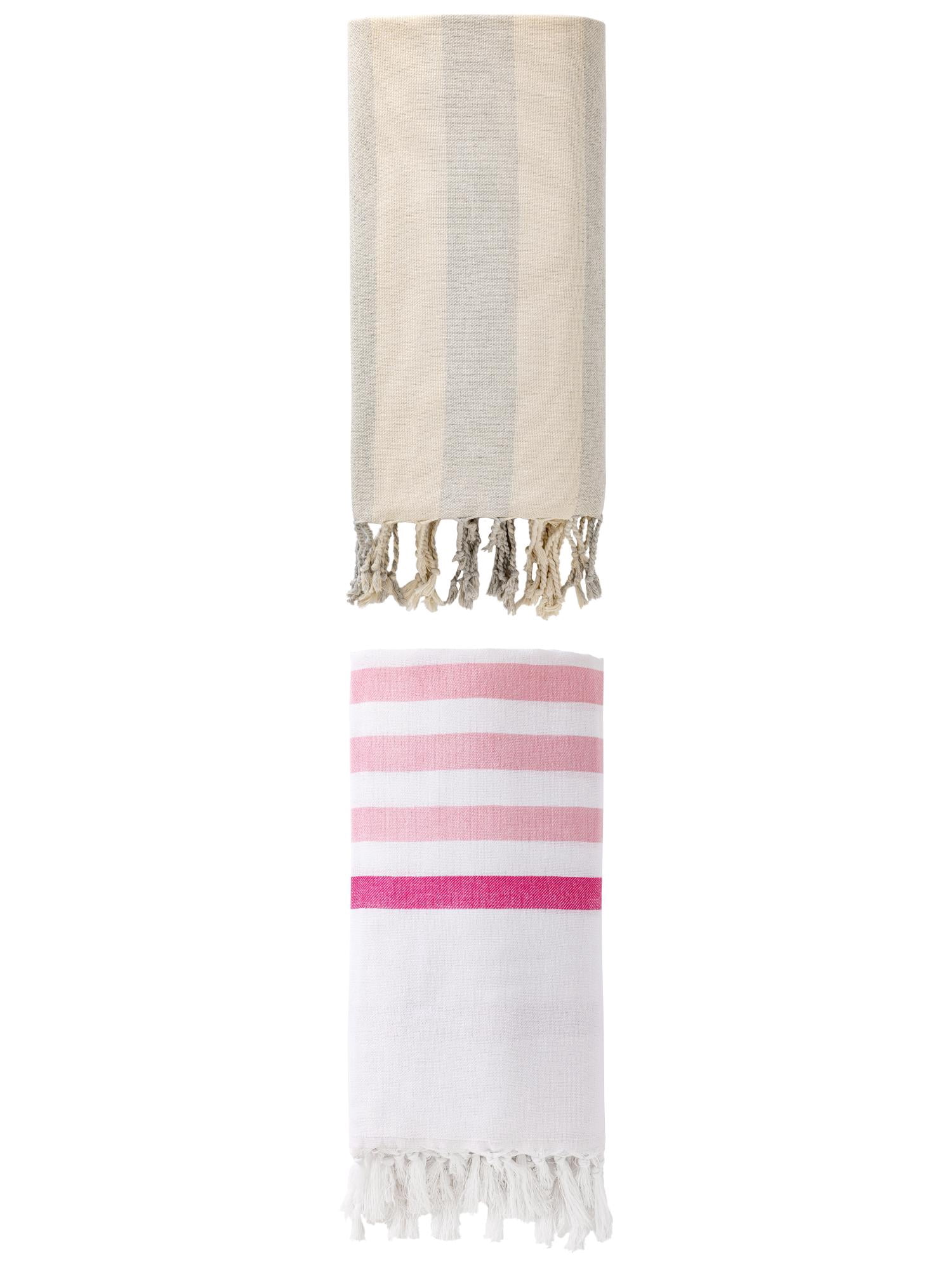 Unique Bargains 2 Pack Striped Turkish Tassel Beach Towels Pink/Grey 71"x40"