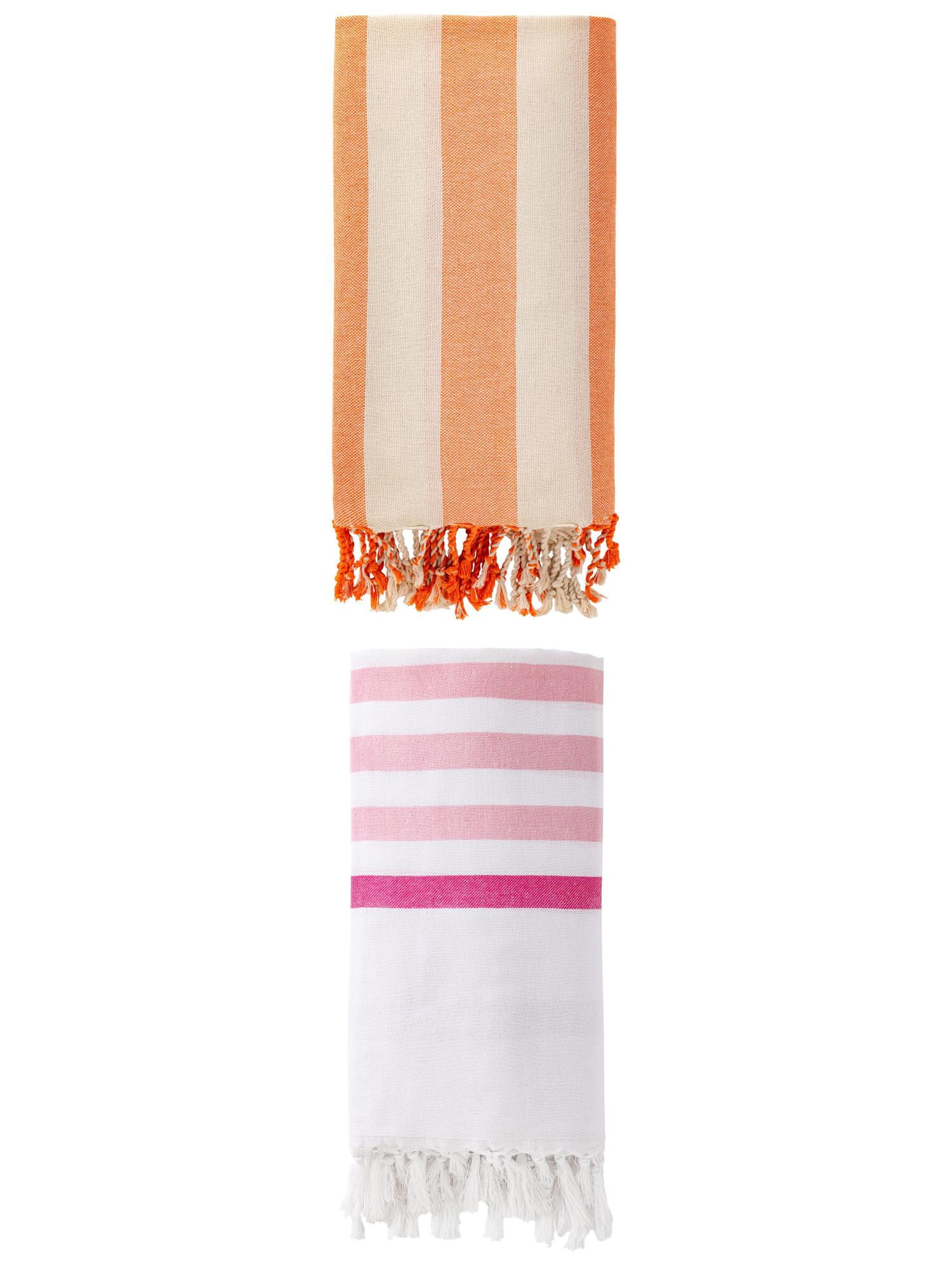 Unique Bargains 2 Pack Striped Turkish Tassel Beach Towels Pink/Orange 71"x40"