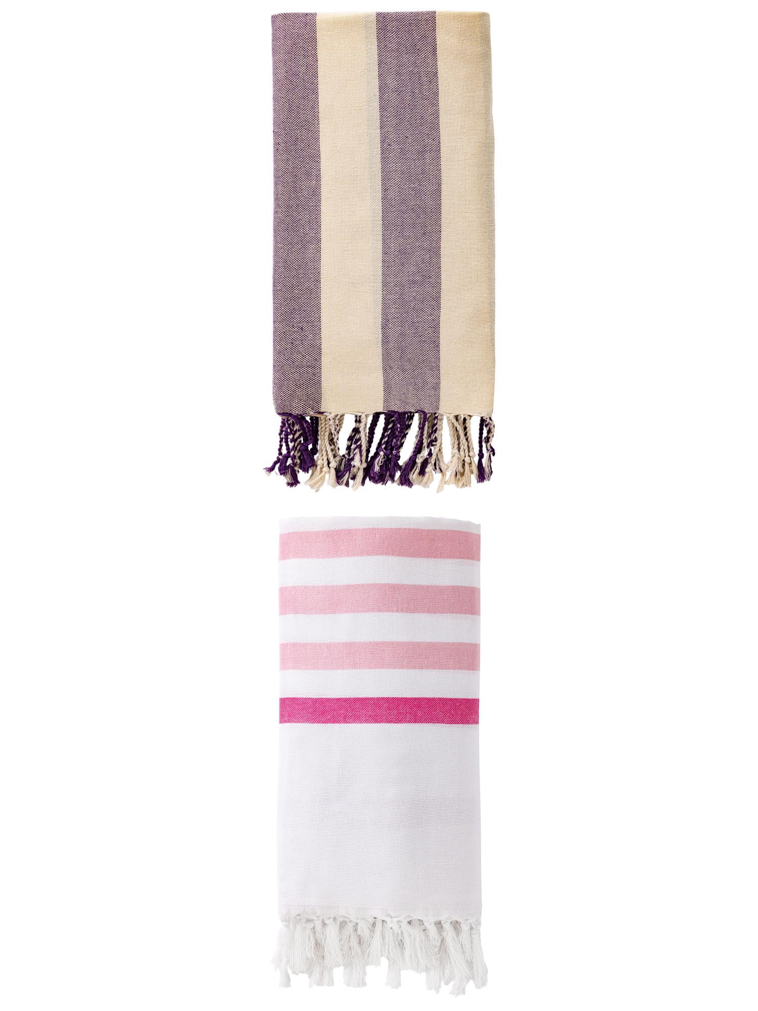Unique Bargains 2 Pack Striped Turkish Tassel Beach Towels Pink/Purple 71"x40"