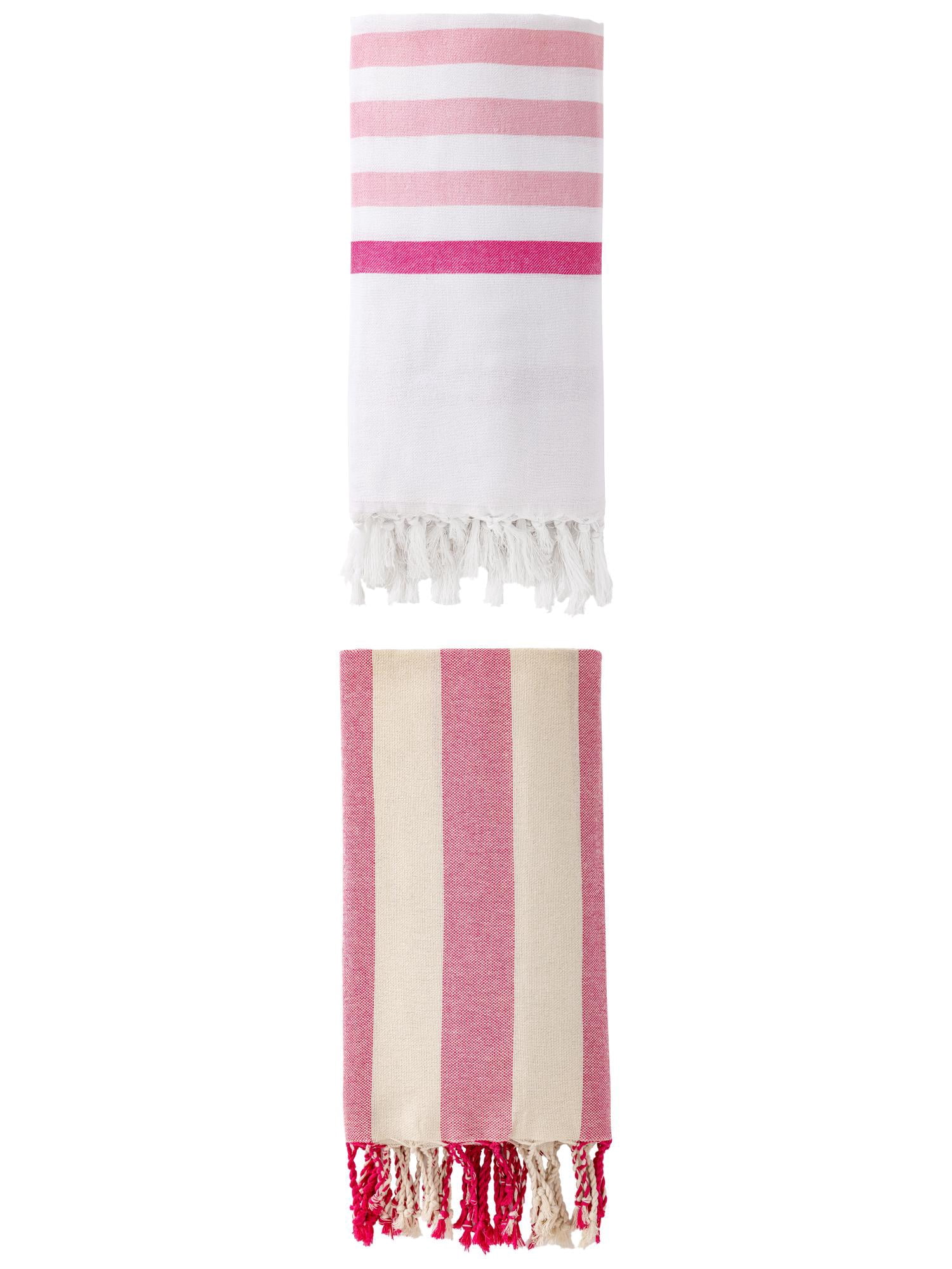 Unique Bargains 2 Pack Striped Turkish Tassel Beach Towels Pink/Rose Red 71"x40"