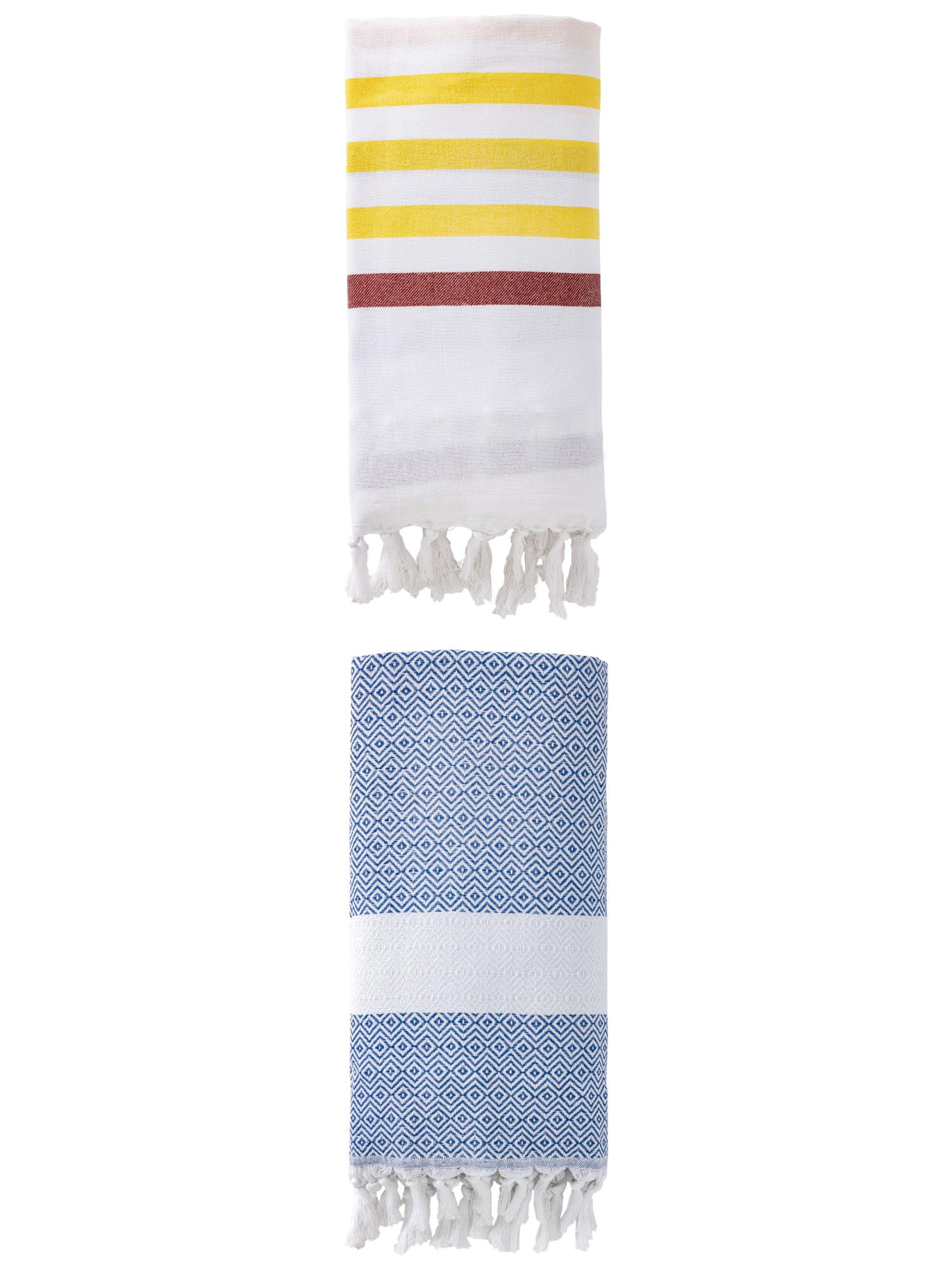 Unique Bargains 2 Pack Striped Turkish Woven Tassel Beach Towels Brown/Blue 71"x40"