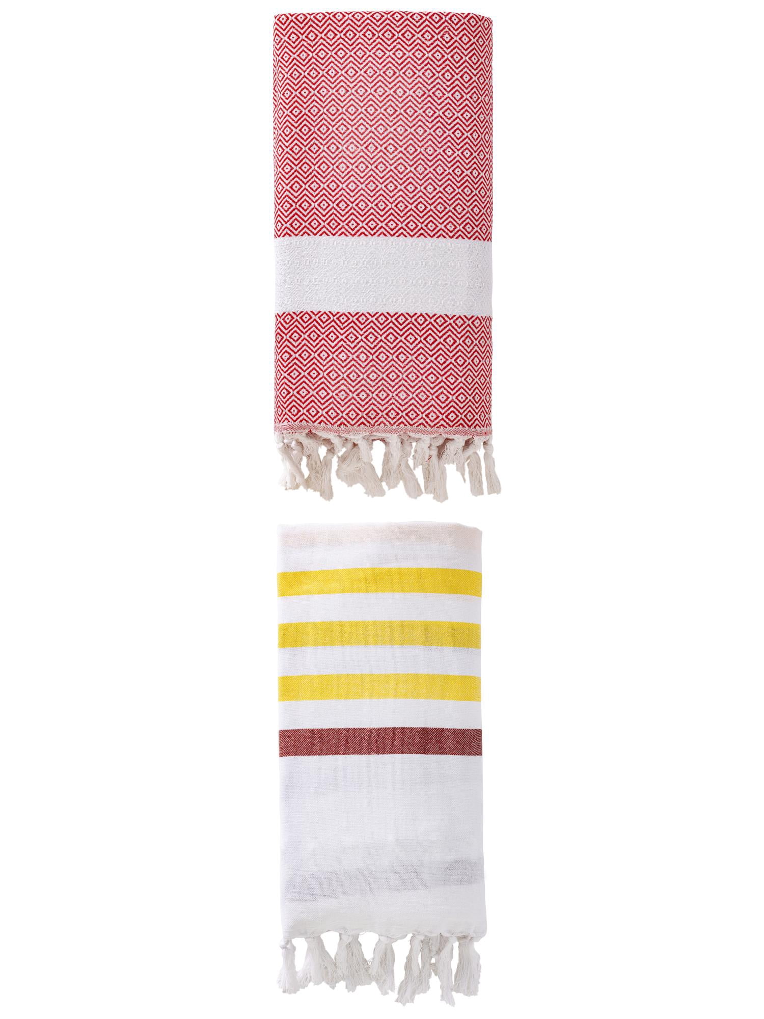 Unique Bargains 2 Pack Striped Turkish Woven Tassel Beach Towels Brown/Crimson 71"x40"