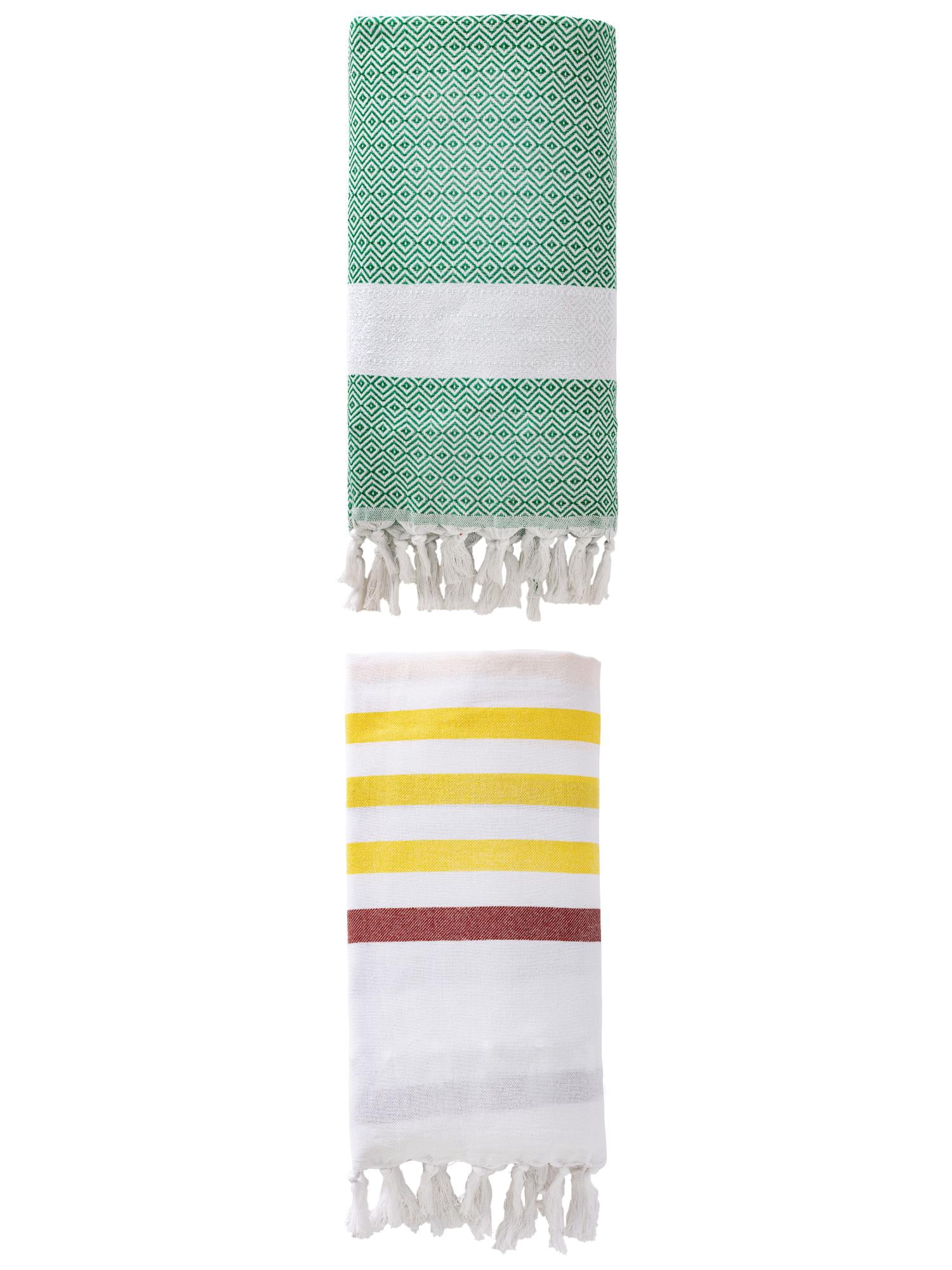 Unique Bargains 2 Pack Striped Turkish Woven Tassel Beach Towels Brown/Dark Green 71"x40"