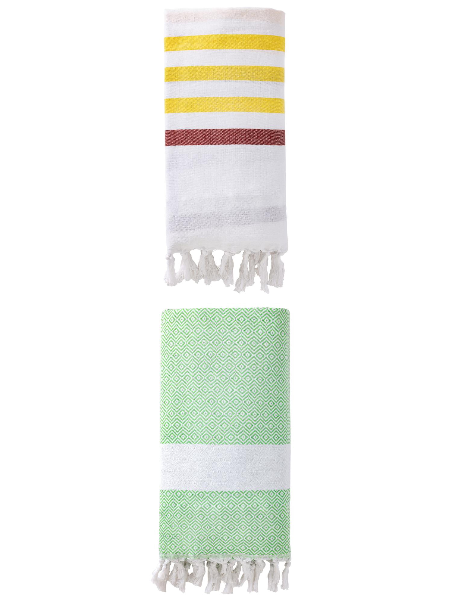 Unique Bargains 2 Pack Striped Turkish Woven Tassel Beach Towels Brown/Green 71"x40"