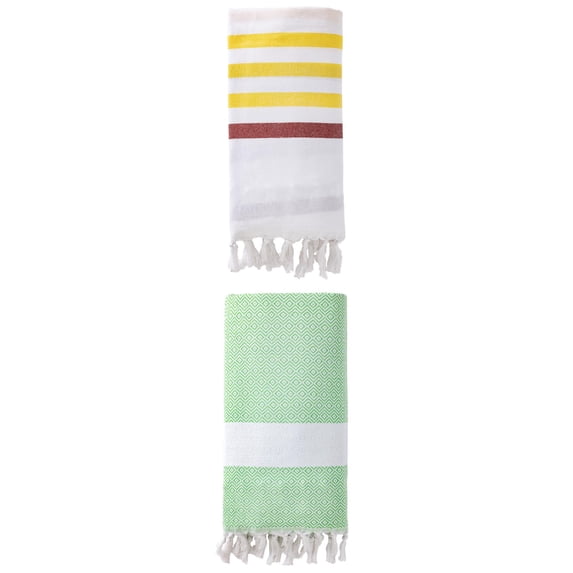 Unique Bargains 2 Pack Striped Turkish Woven Tassel Beach Towels Brown/Green 71"x40"