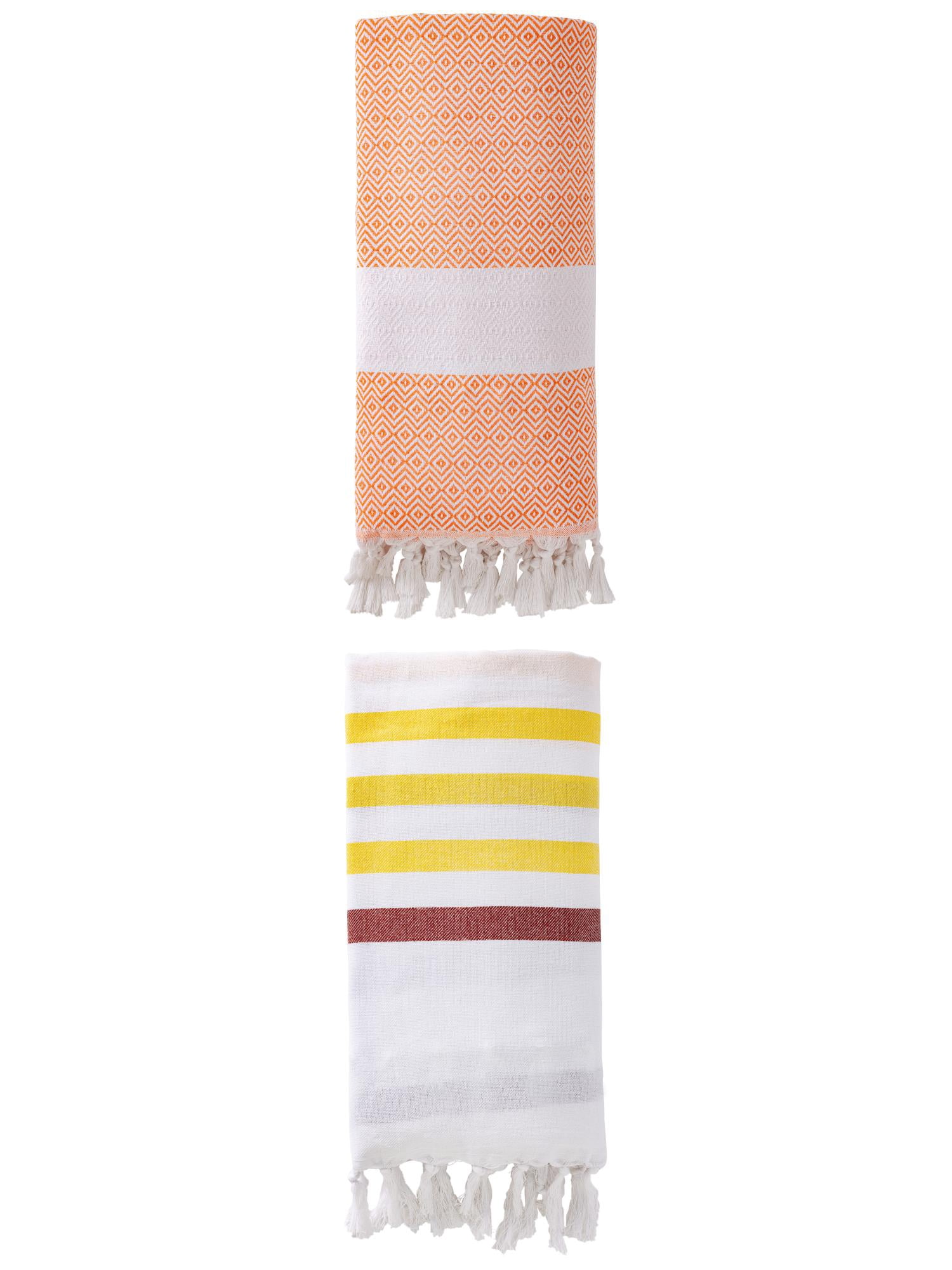 Unique Bargains 2 Pack Striped Turkish Woven Tassel Beach Towels Brown/Orange 71"x40"