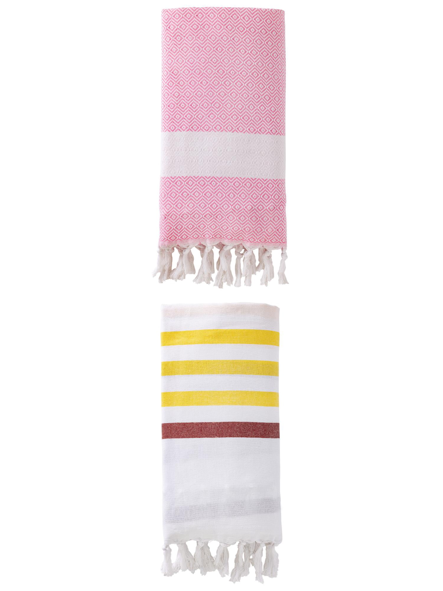 Unique Bargains 2 Pack Striped Turkish Woven Tassel Beach Towels Brown/Pink 71"x40"