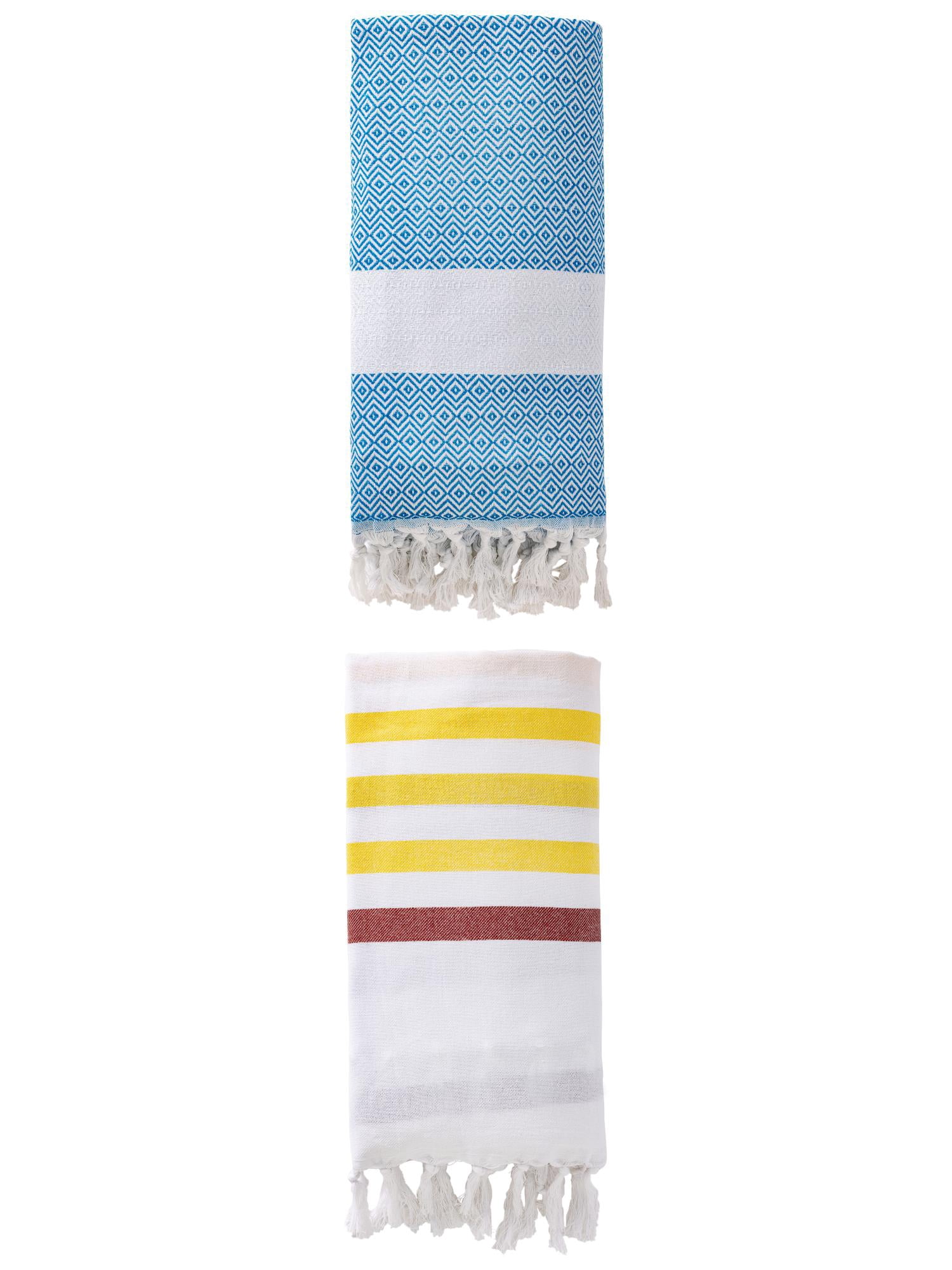Unique Bargains 2 Pack Striped Turkish Woven Tassel Beach Towels Brown/Sky Blue 71"x40"
