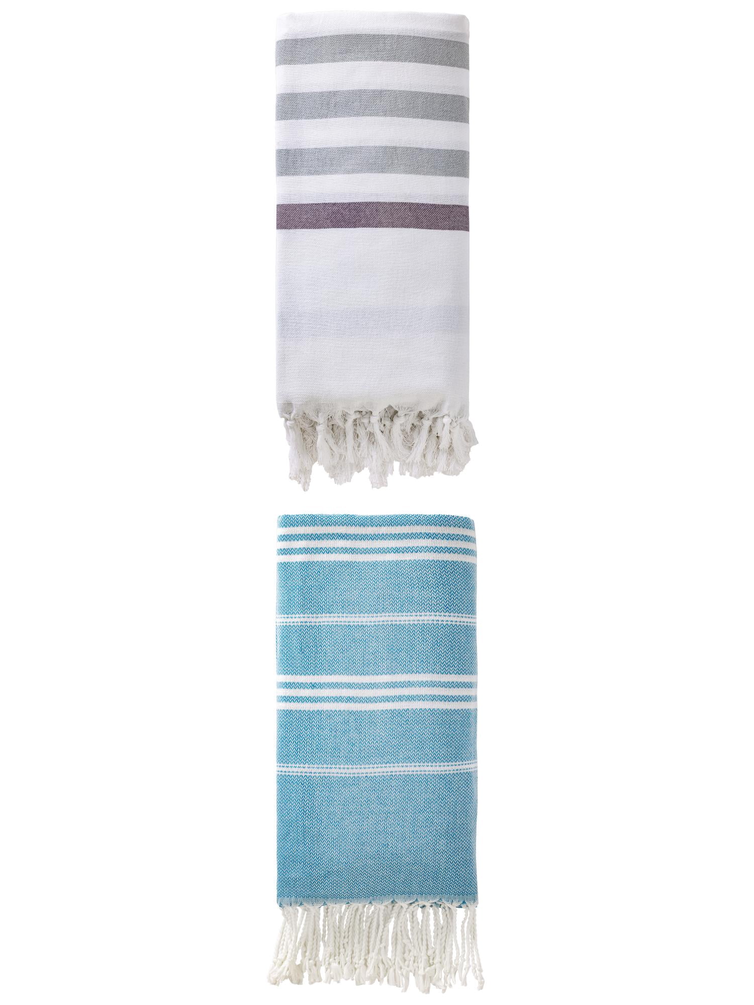 Unique Bargains 2 Pack Tassel Turkish Beach Towels Blue 71"x40"/71"x35"