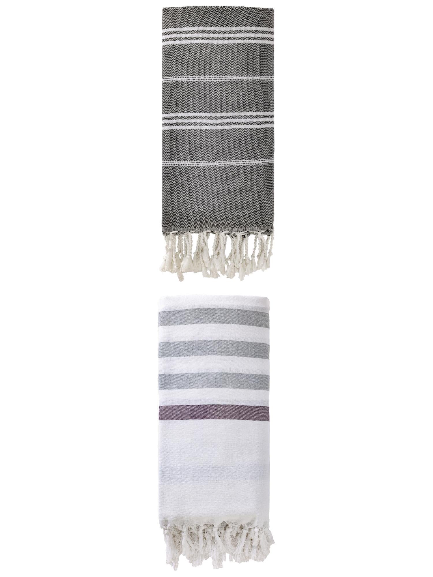 Unique Bargains 2 Pack Tassel Turkish Beach Towels Blue/Black 71"x40"/71"x35"