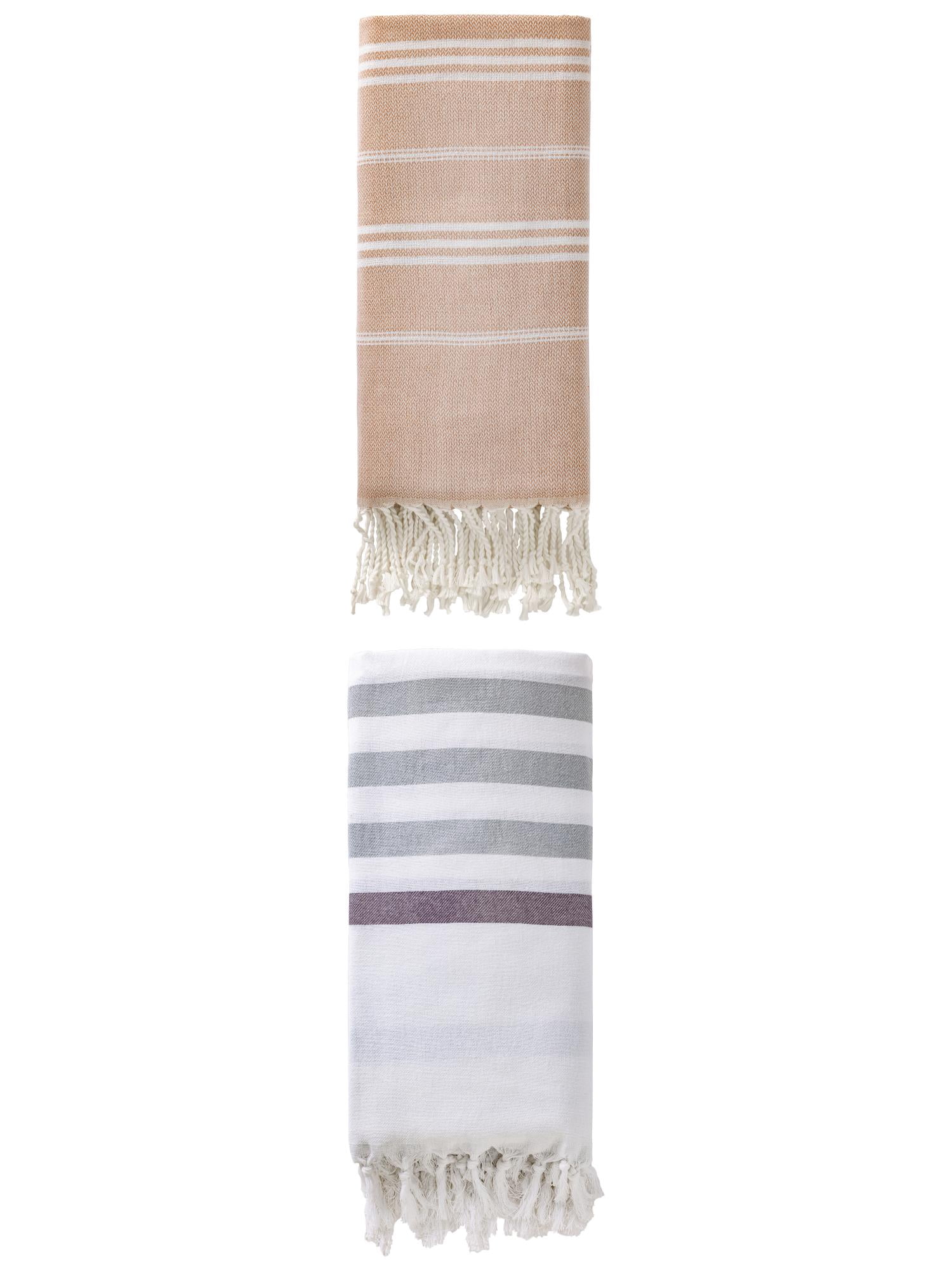 Unique Bargains 2 Pack Tassel Turkish Beach Towels Blue/Brown 71"x40"/71"x35"