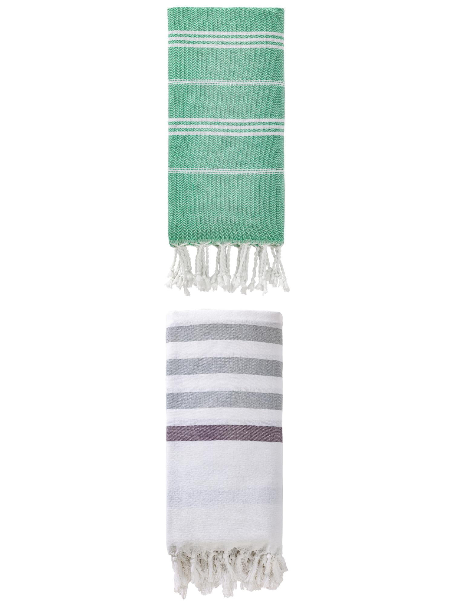 Unique Bargains 2 Pack Tassel Turkish Beach Towels Blue/Green 71"x40"/71"x35"