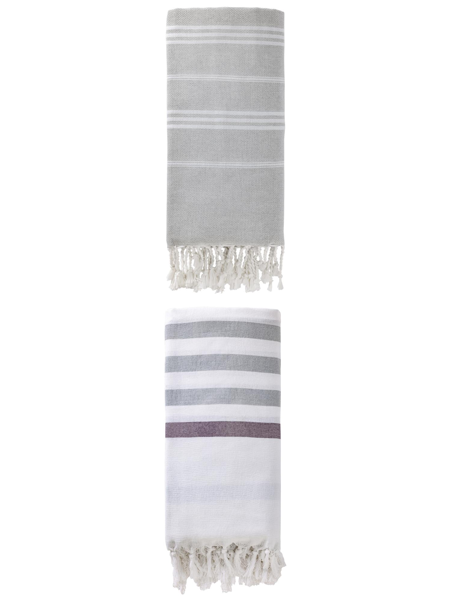 Unique Bargains 2 Pack Tassel Turkish Beach Towels Blue/Grey 71"x40"/71"x35"