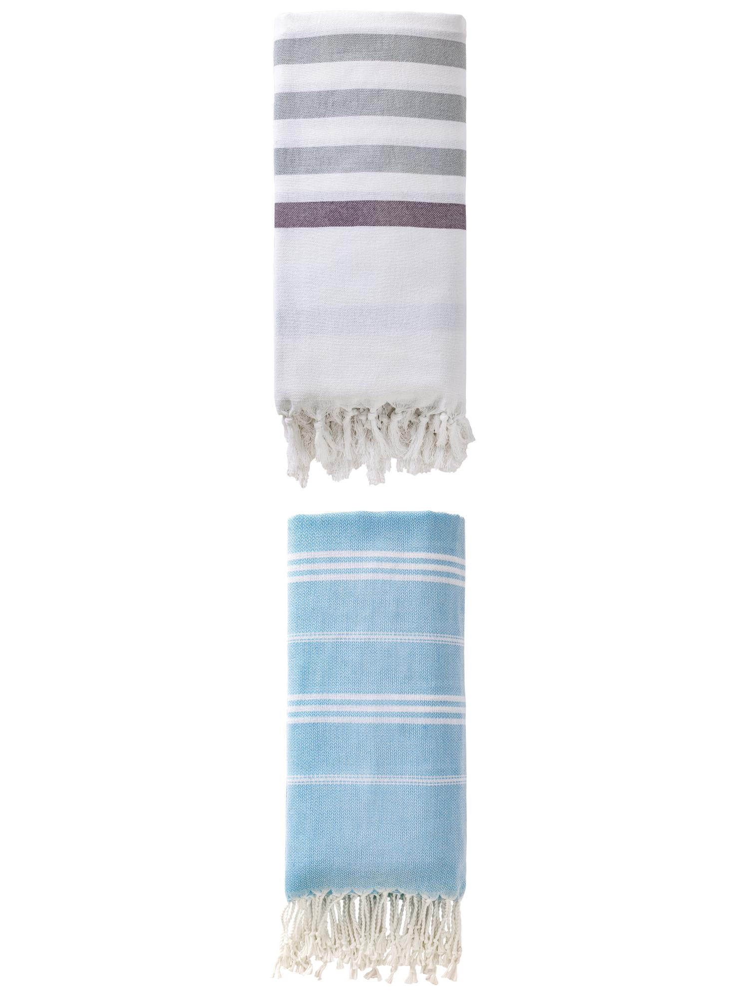 Unique Bargains 2 Pack Tassel Turkish Beach Towels Blue/Light Blue 71"x40"/71"x35"
