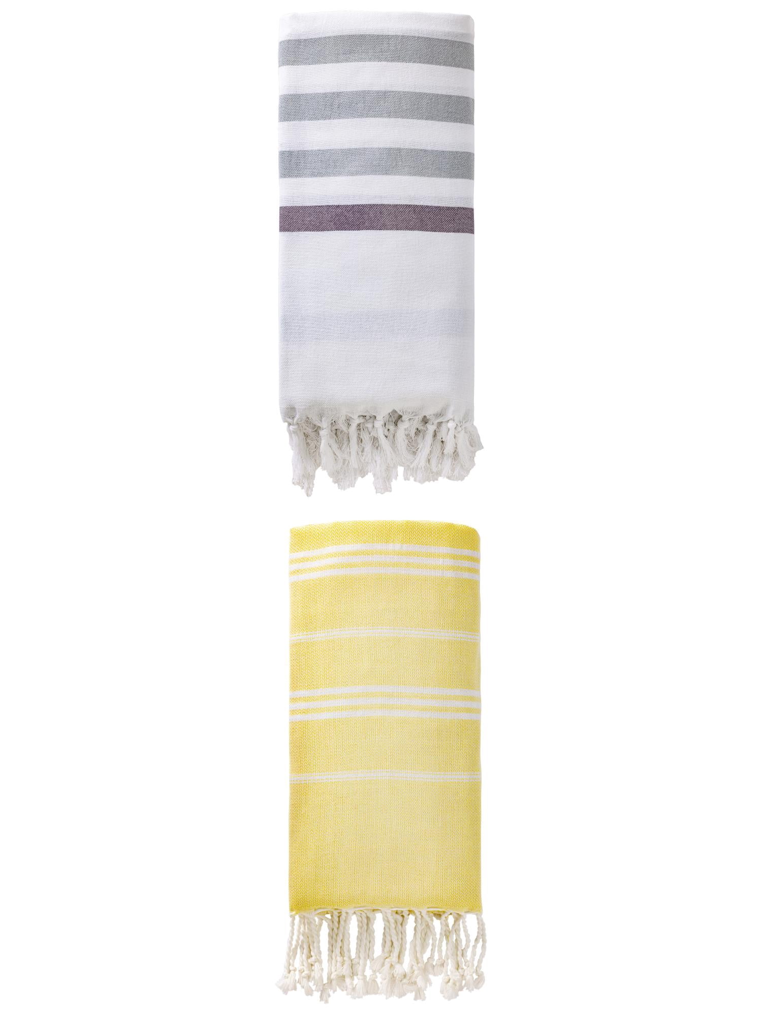 Unique Bargains 2 Pack Tassel Turkish Beach Towels Blue/Light Yellow 71"x40"/71"x35"