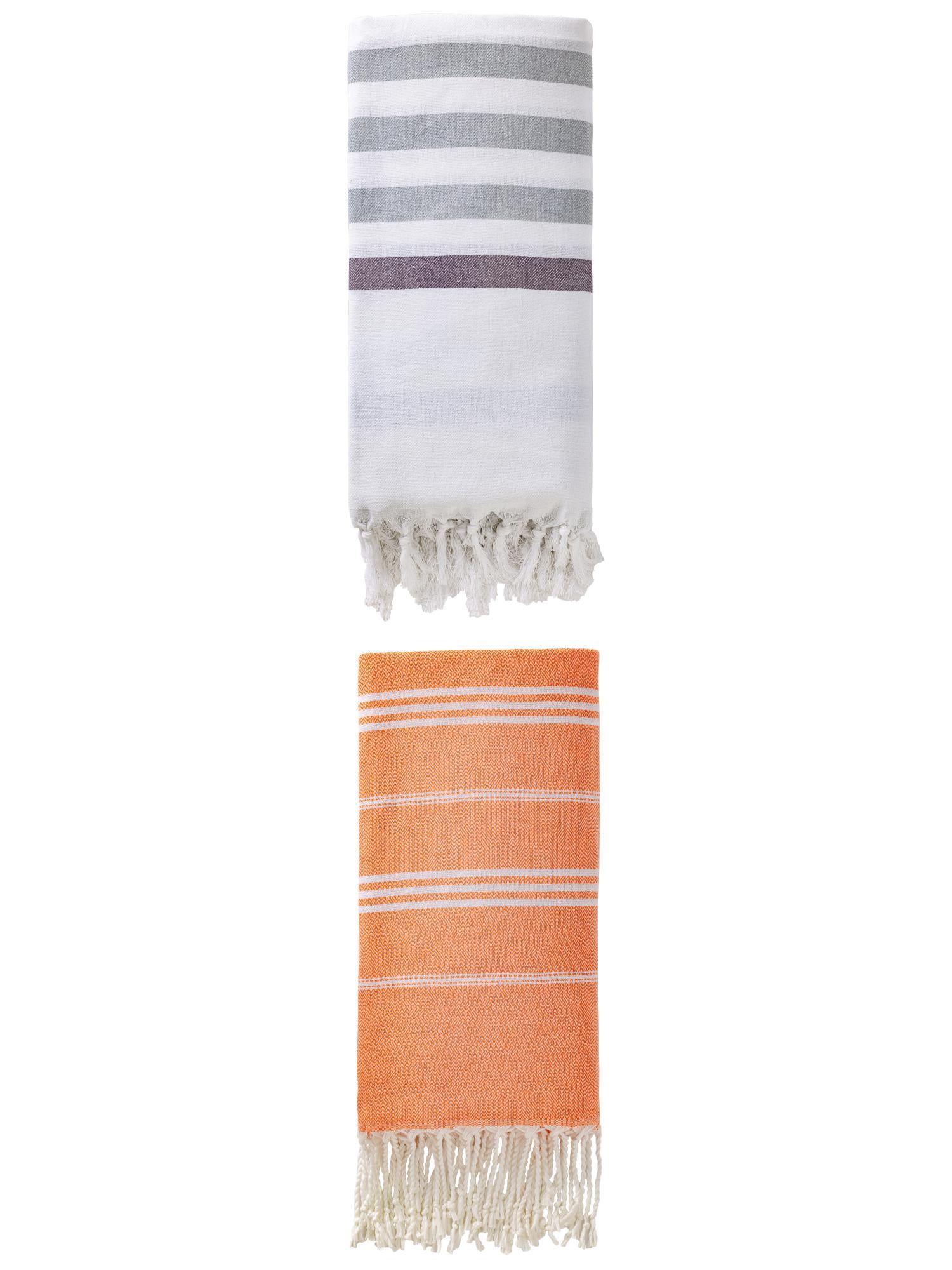 Unique Bargains 2 Pack Tassel Turkish Beach Towels Blue/Orange 71"x40"/71"x35"