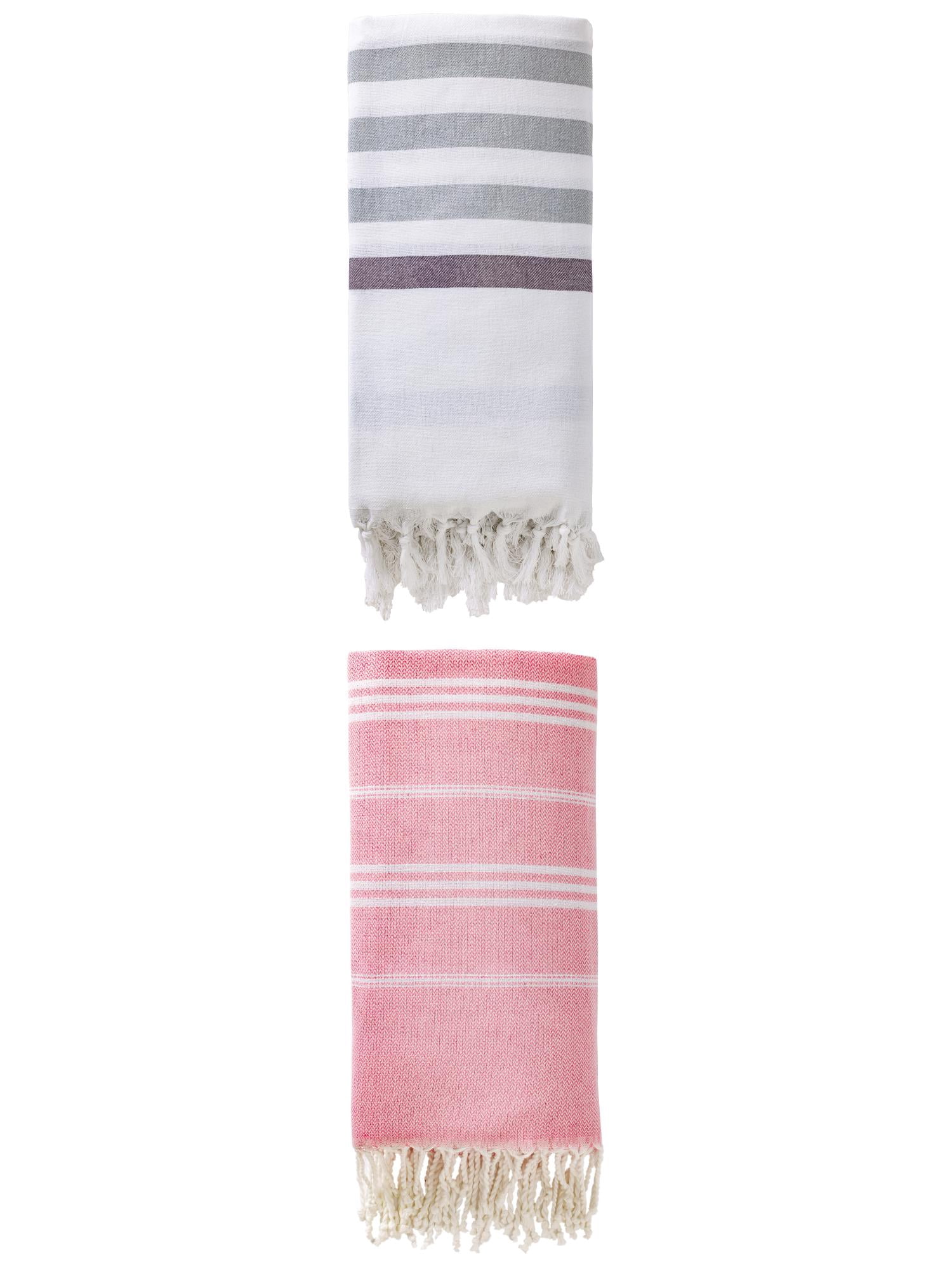 Unique Bargains 2 Pack Tassel Turkish Beach Towels Blue/Pink 71"x40"/71"x35"