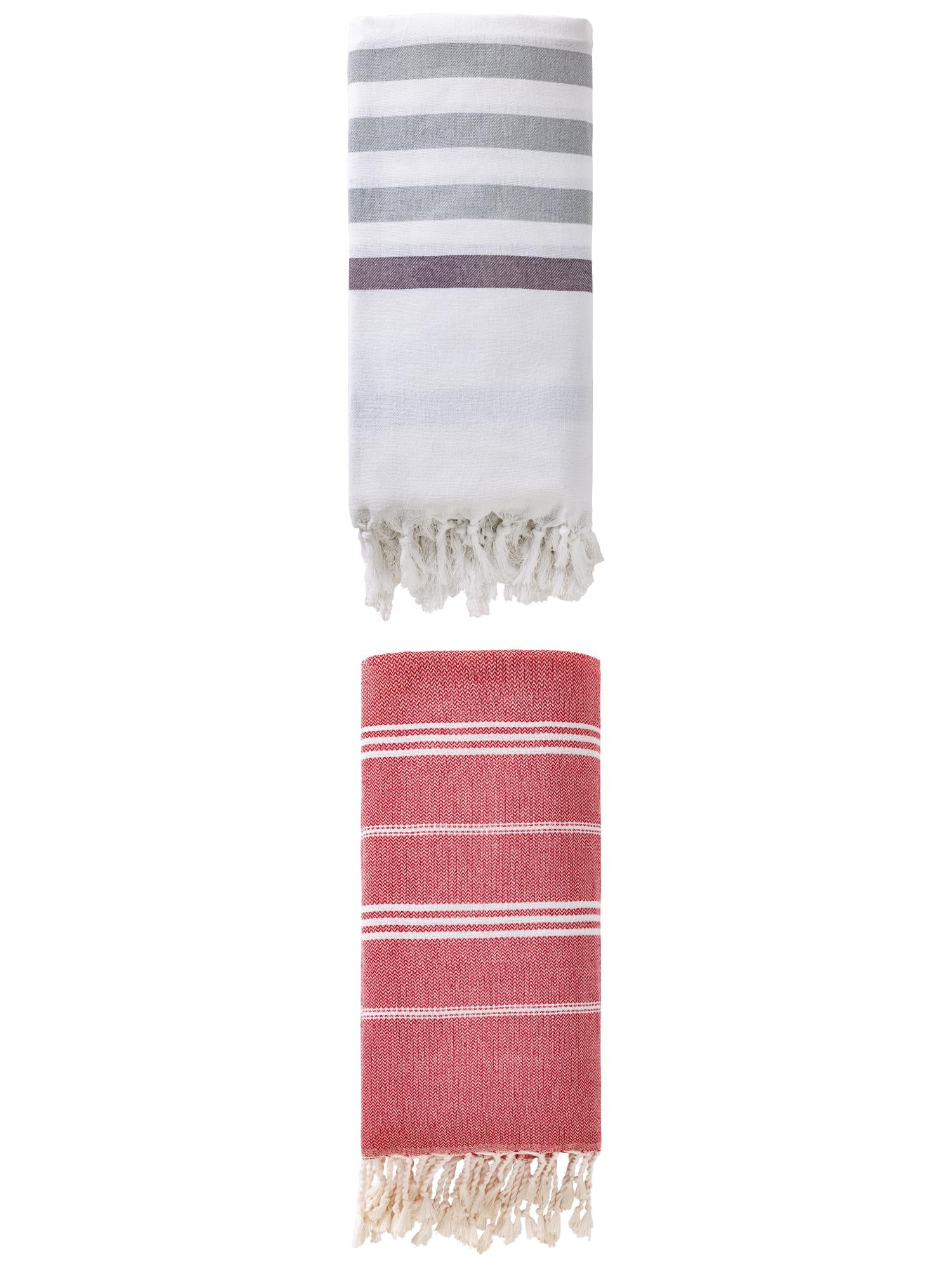 Unique Bargains 2 Pack Tassel Turkish Beach Towels Blue/Red 71"x40"/71"x35"