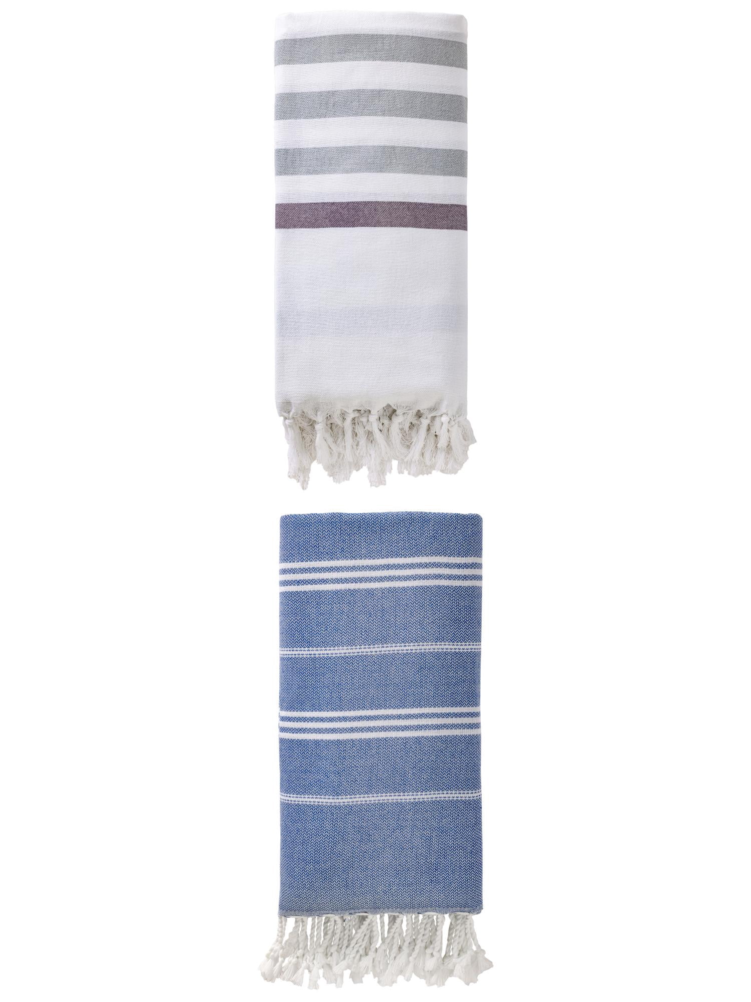 Unique Bargains 2 Pack Tassel Turkish Beach Towels Blue/Royal Blue 71"x40"/71"x35"