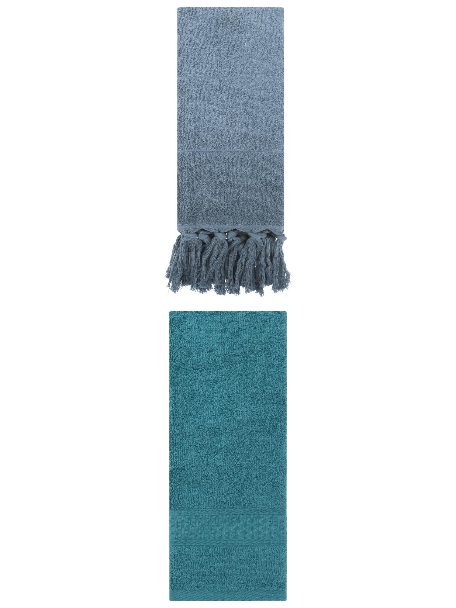 Unique Bargains 2 Packs Textured Tassels Hand Towel Blue/Dark Green 14" x 30"/13" x 30"