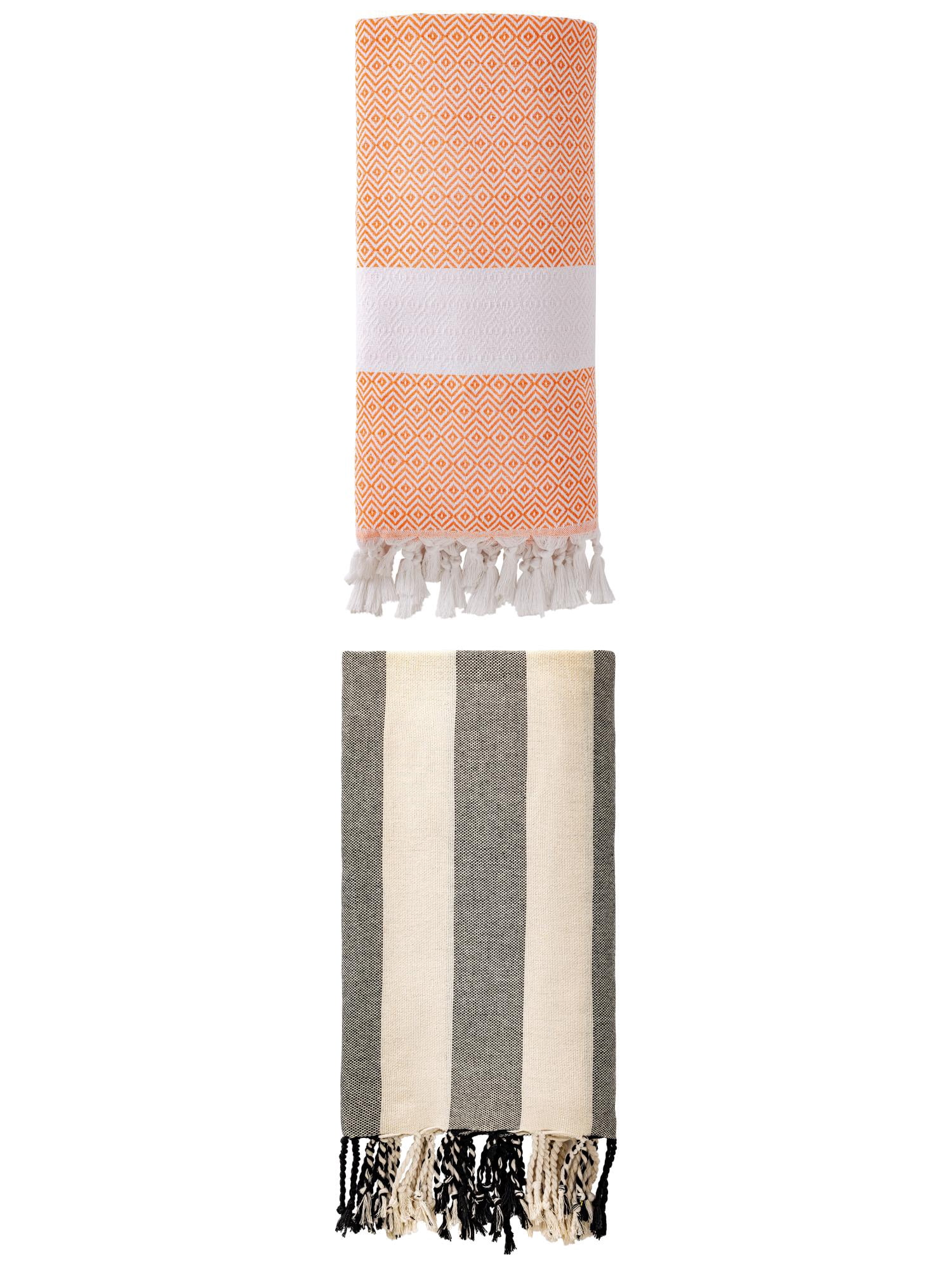 Unique Bargains 2 Pack Turkish Beach Towel, Anti-Sand & Fast Drying Orange/Black 71" x 40"