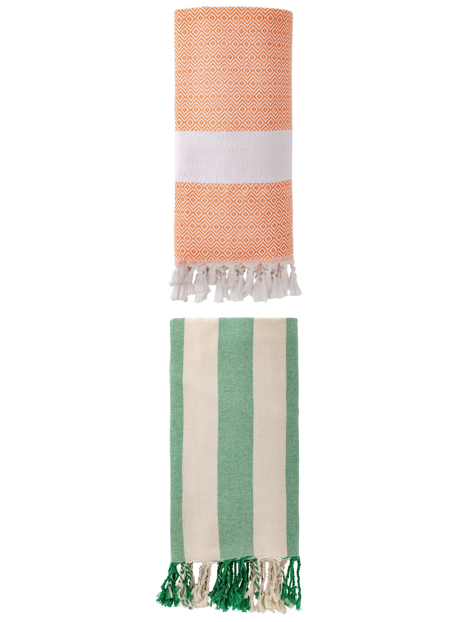 Unique Bargains 2 Pack Turkish Beach Towel, Anti-Sand & Fast Drying Orange/Green 71" x 40"