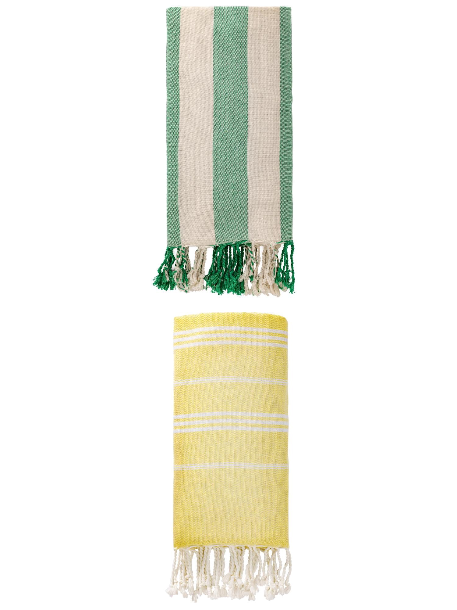 Unique Bargains 2 Pack Turkish Beach Towel Sand Resistant Yellow/Green 71" x 35"/71" x 40"