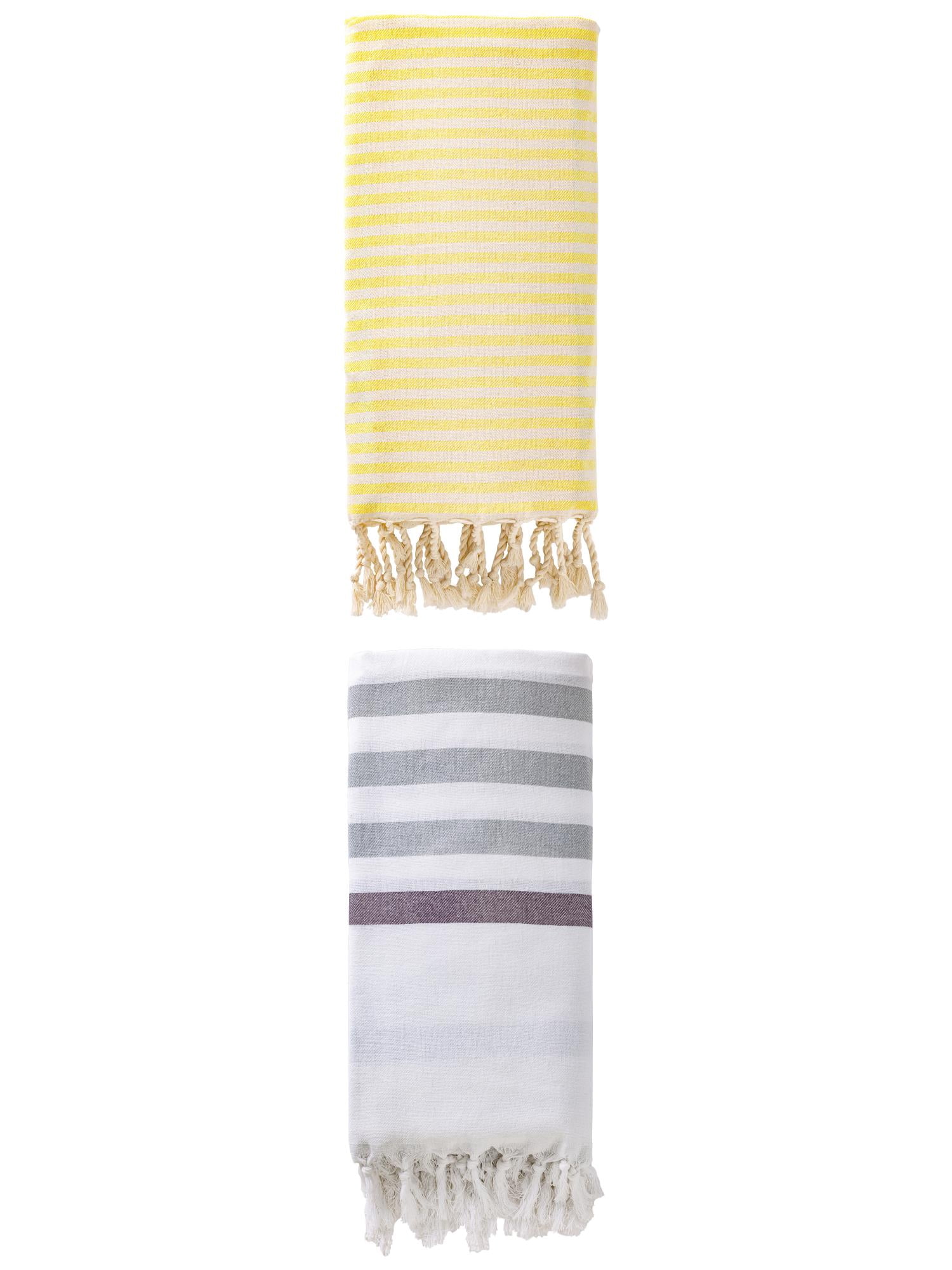 Unique Bargains 2 Pack Turkish Beach Towel with Tassel Trim Blue/Light Yellow 71" x 40"