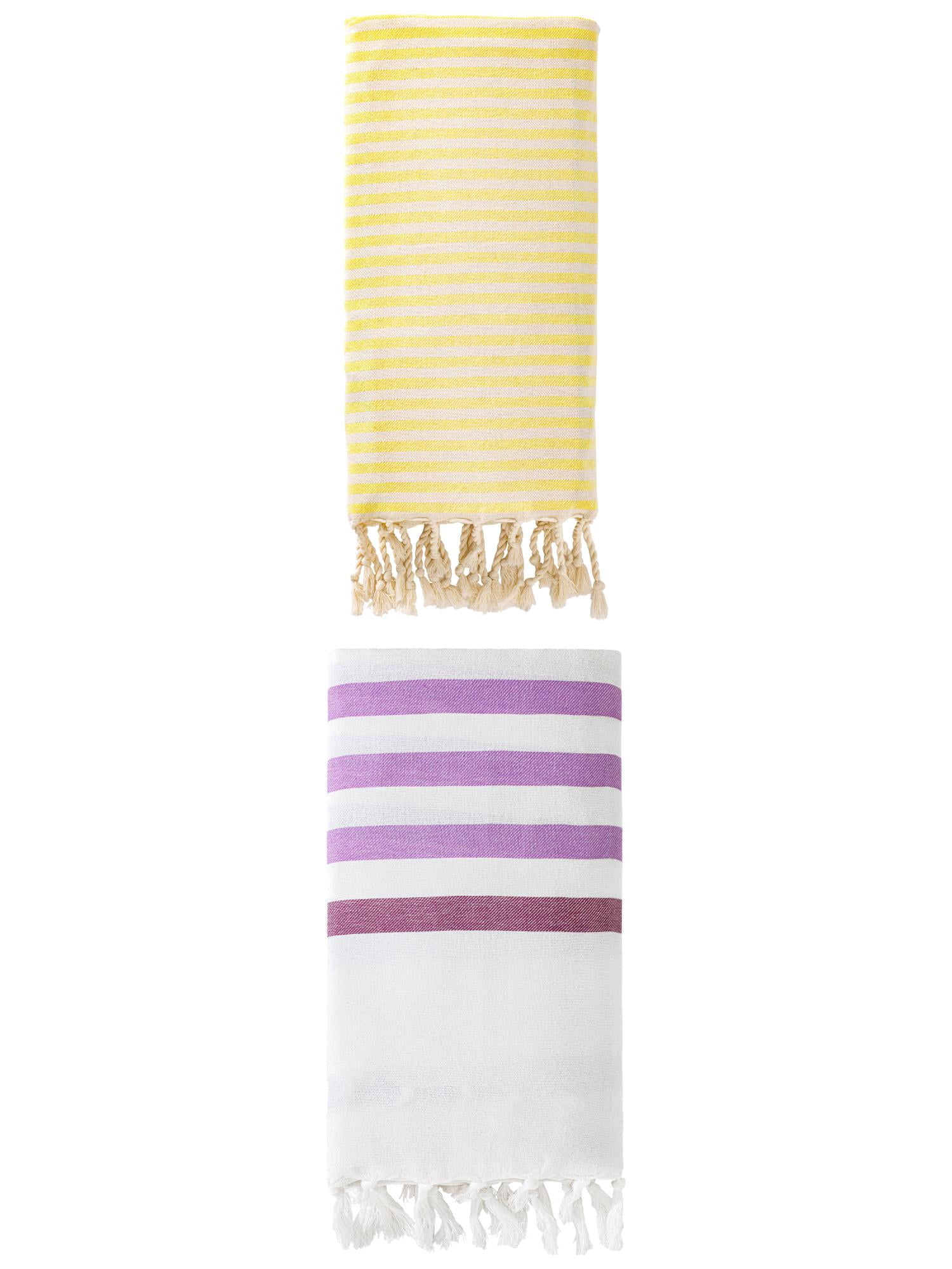Unique Bargains 2 Pack Turkish Beach Towel with Tassel Trim Purple/Yellow 71" x 40"