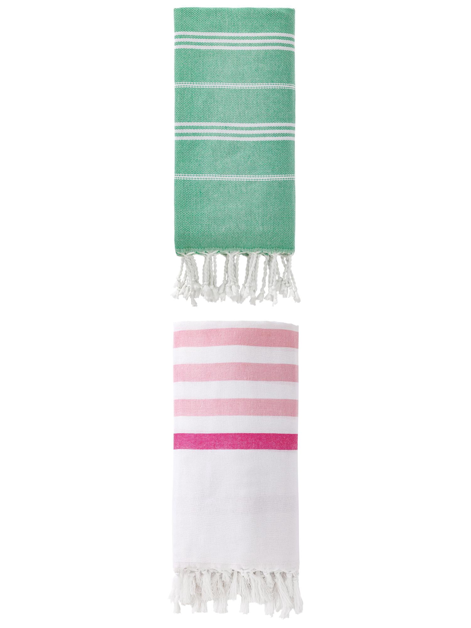 Unique Bargains 2 Pack Turkish Durable Beach Towel Pink/Green 71"x40"/71"x35"