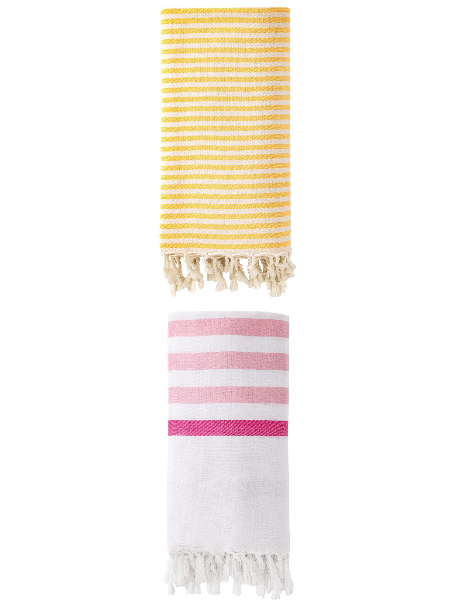 Unique Bargains 2 Pack Turkish Quick Dry Beach Towel with Tassel Trim Pink/Yellow 71"x 40"