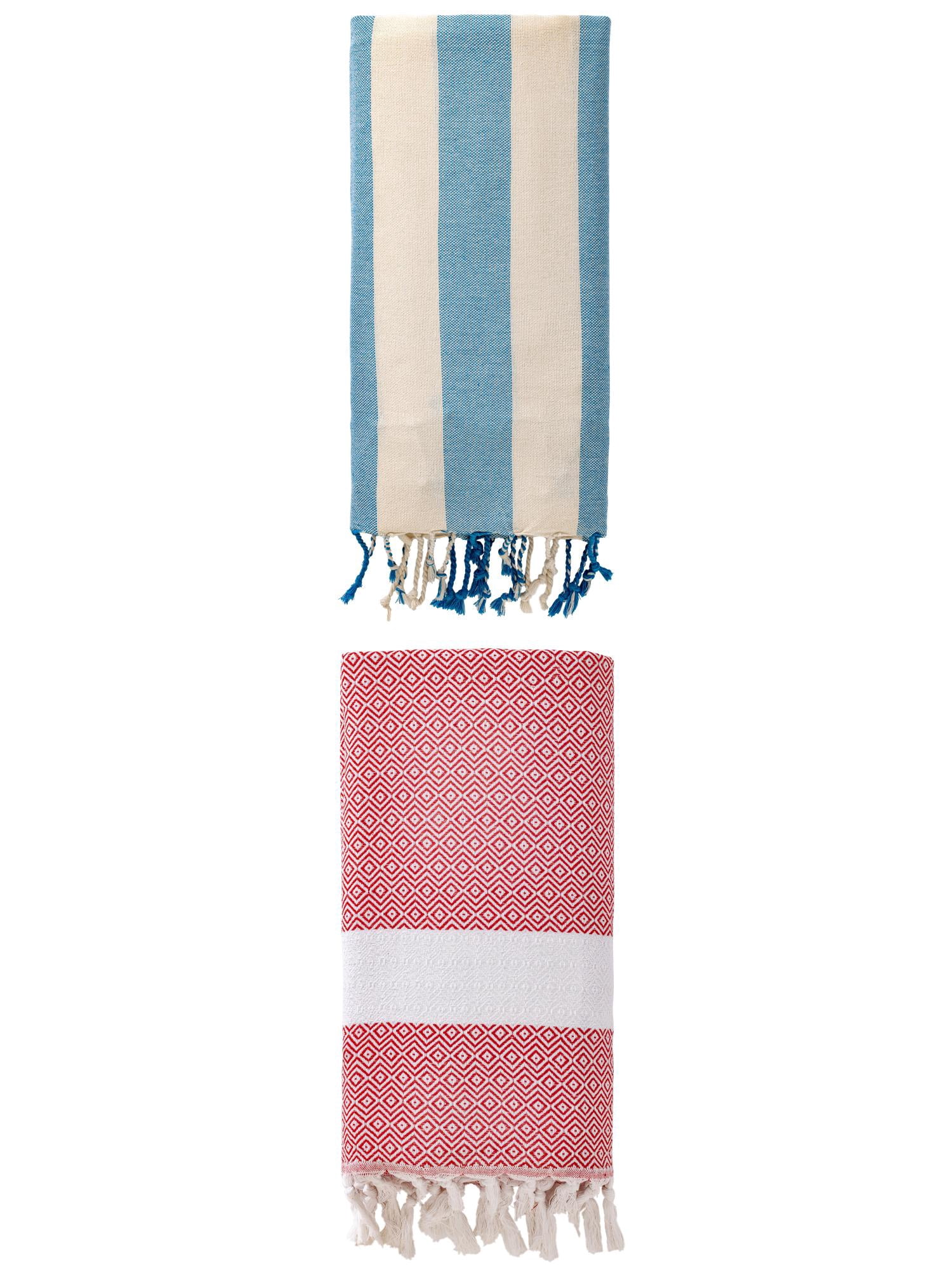 Unique Bargains 2 Pack Turkish Sand Free & Quick Dry Beach Towel Crimson/Blue 71" x 40"