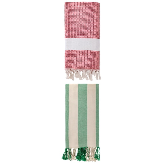 Unique Bargains 2 Pack Turkish Sand Free & Quick Dry Beach Towel Crimson/Green 71" x 40"