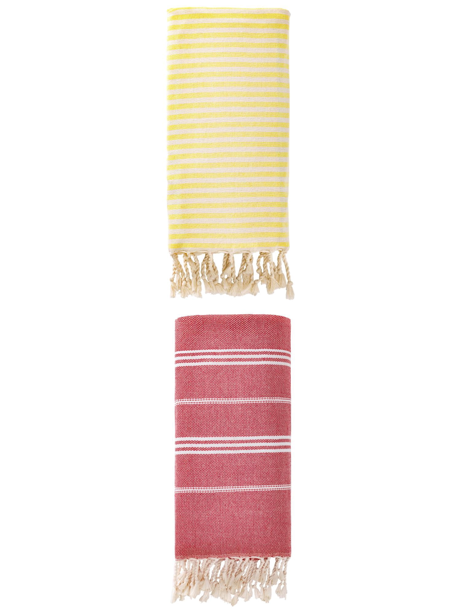 Unique Bargains 2 Pack Turkish Sand-Proof Fast-Dry Towels Light Yellow/Red 71"x40"/71"x35"
