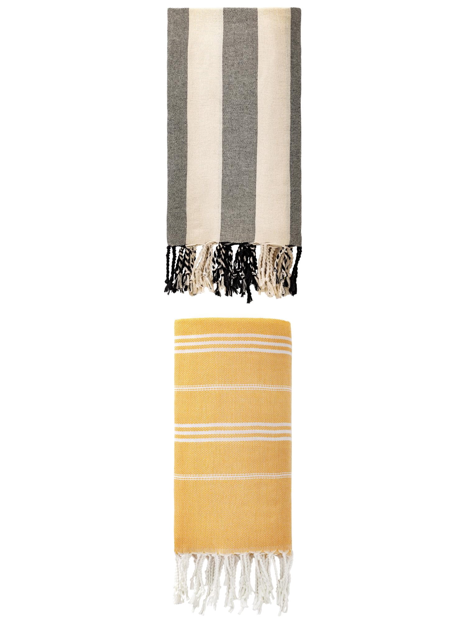 Unique Bargains 2 Pack Turkish Sand Repellent Beach Towel Yellow/Black 71" x 35"/71" x 40"