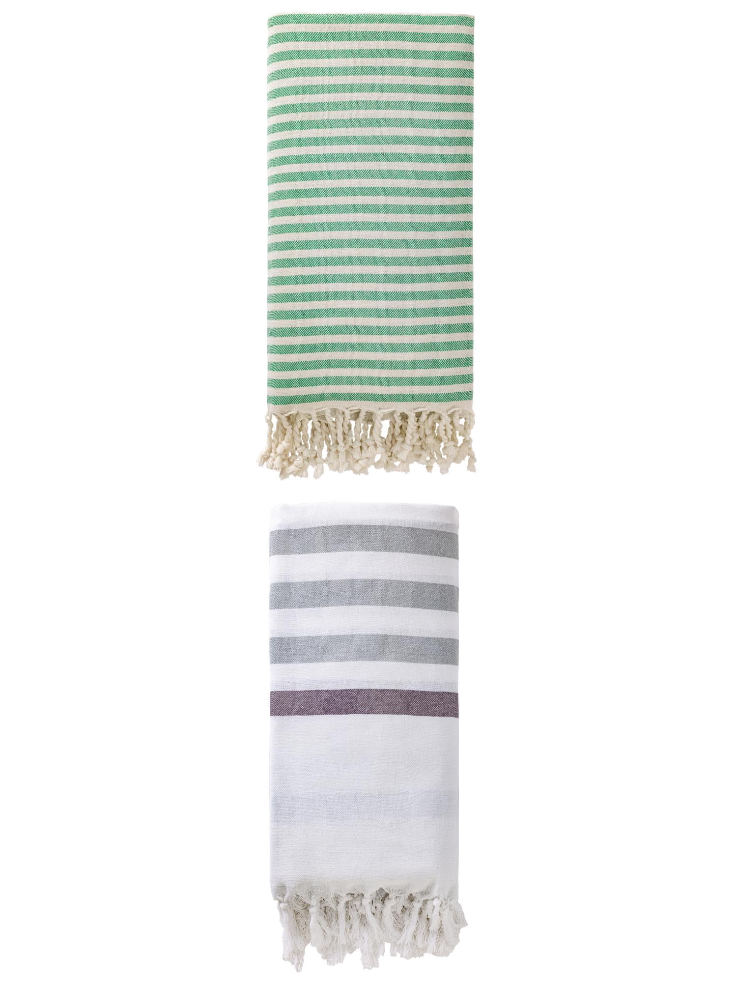 Unique Bargains 2 Pack Turkish Striped Beach Towel with Tassel Trim Blue/Green 71" x 40"