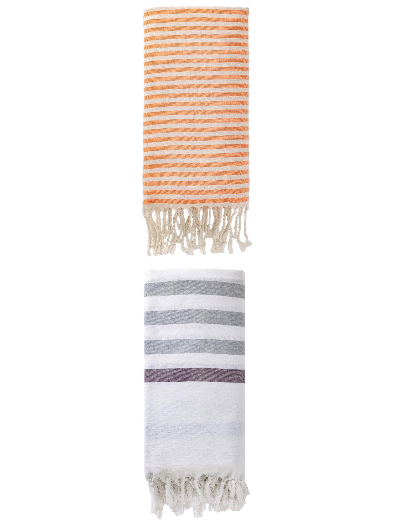 Unique Bargains 2 Pack Turkish Striped Beach Towel with Tassel Trim Blue/Orange 71" x 40"