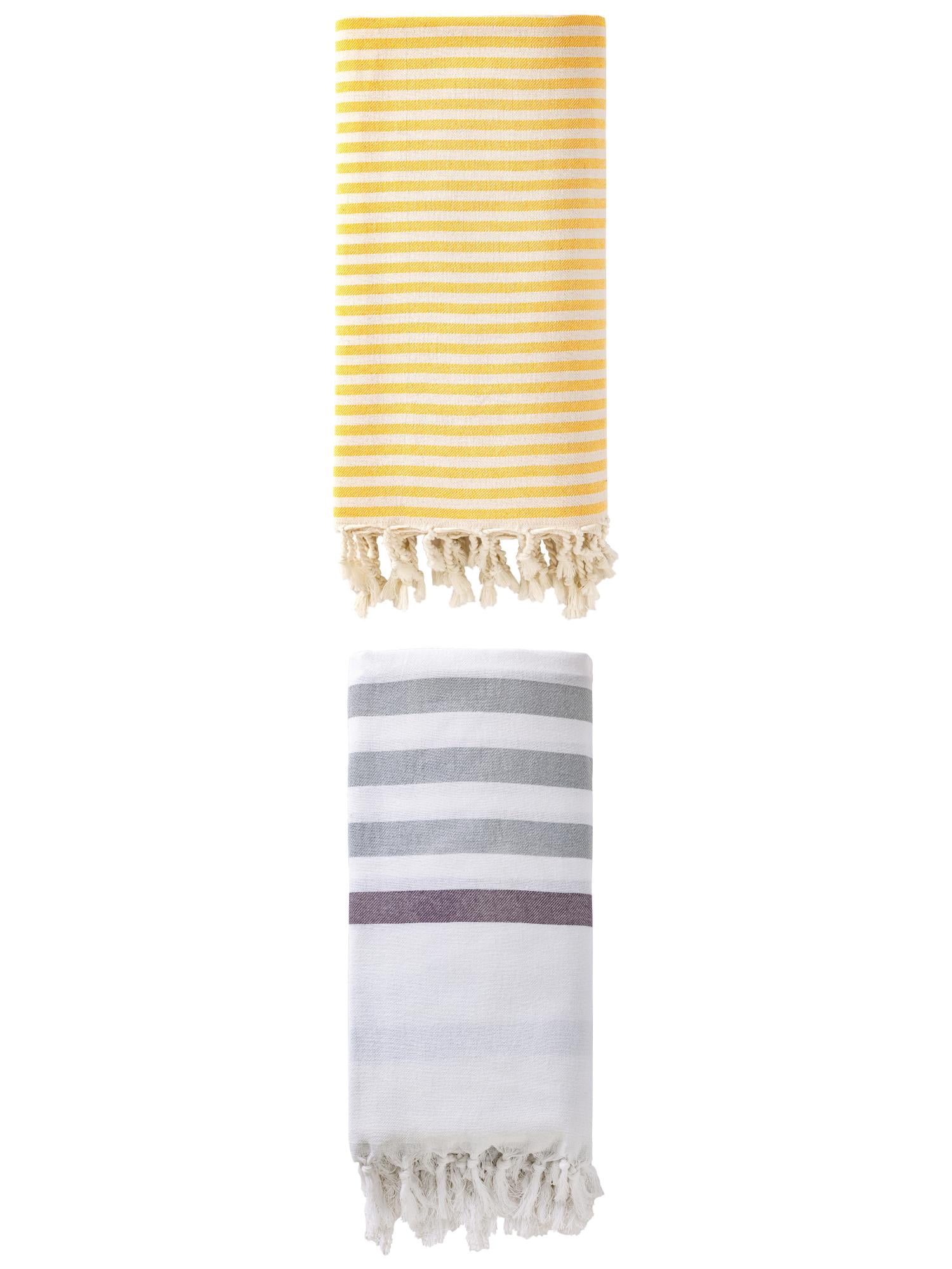 Unique Bargains 2 Pack Turkish Striped Beach Towel with Tassel Trim Blue/Yellow 71" x 40"