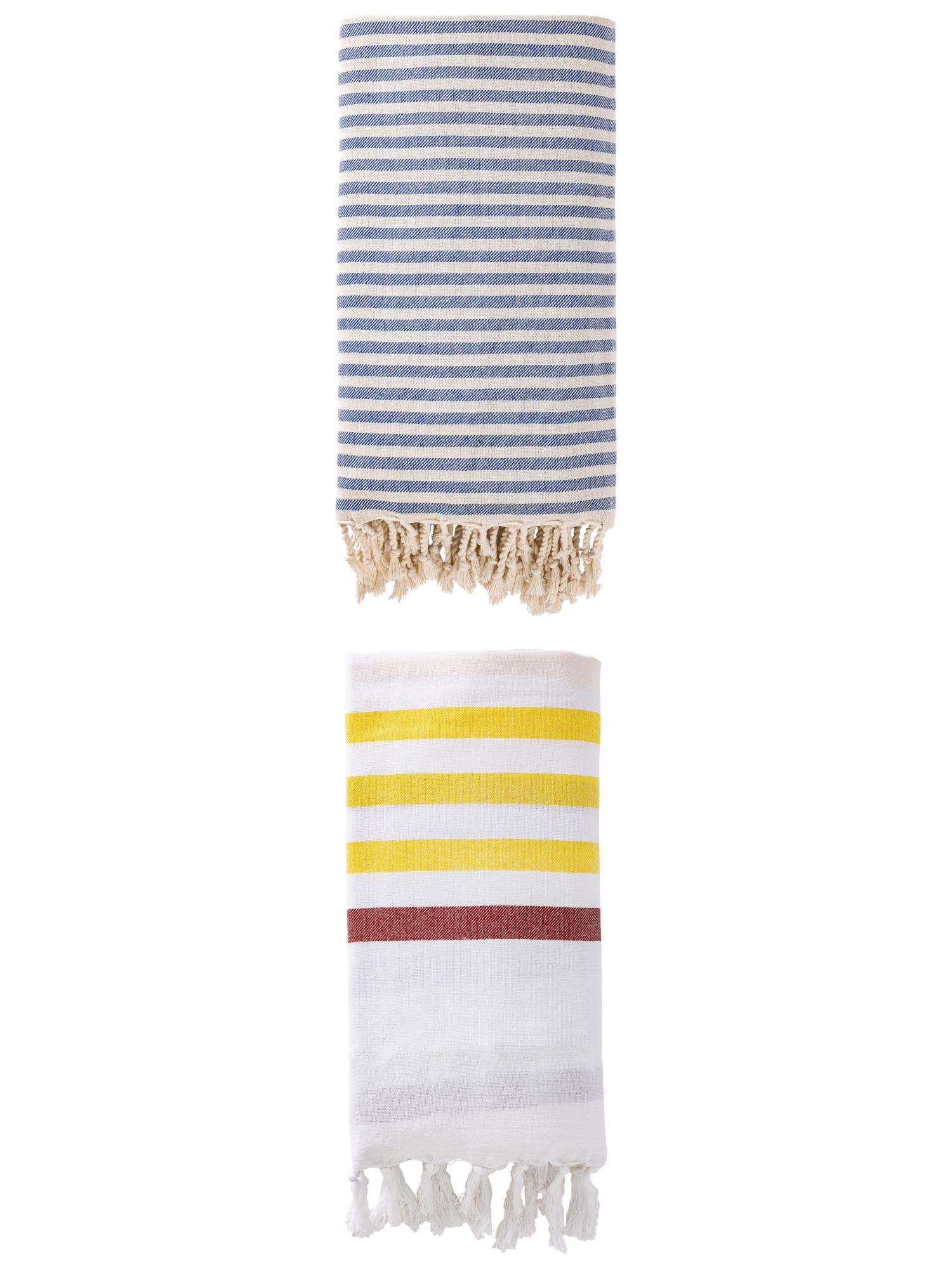 Unique Bargains 2 Pack Turkish Striped Beach Towel with Tassel Trim Brown/Blue 71" x 40"