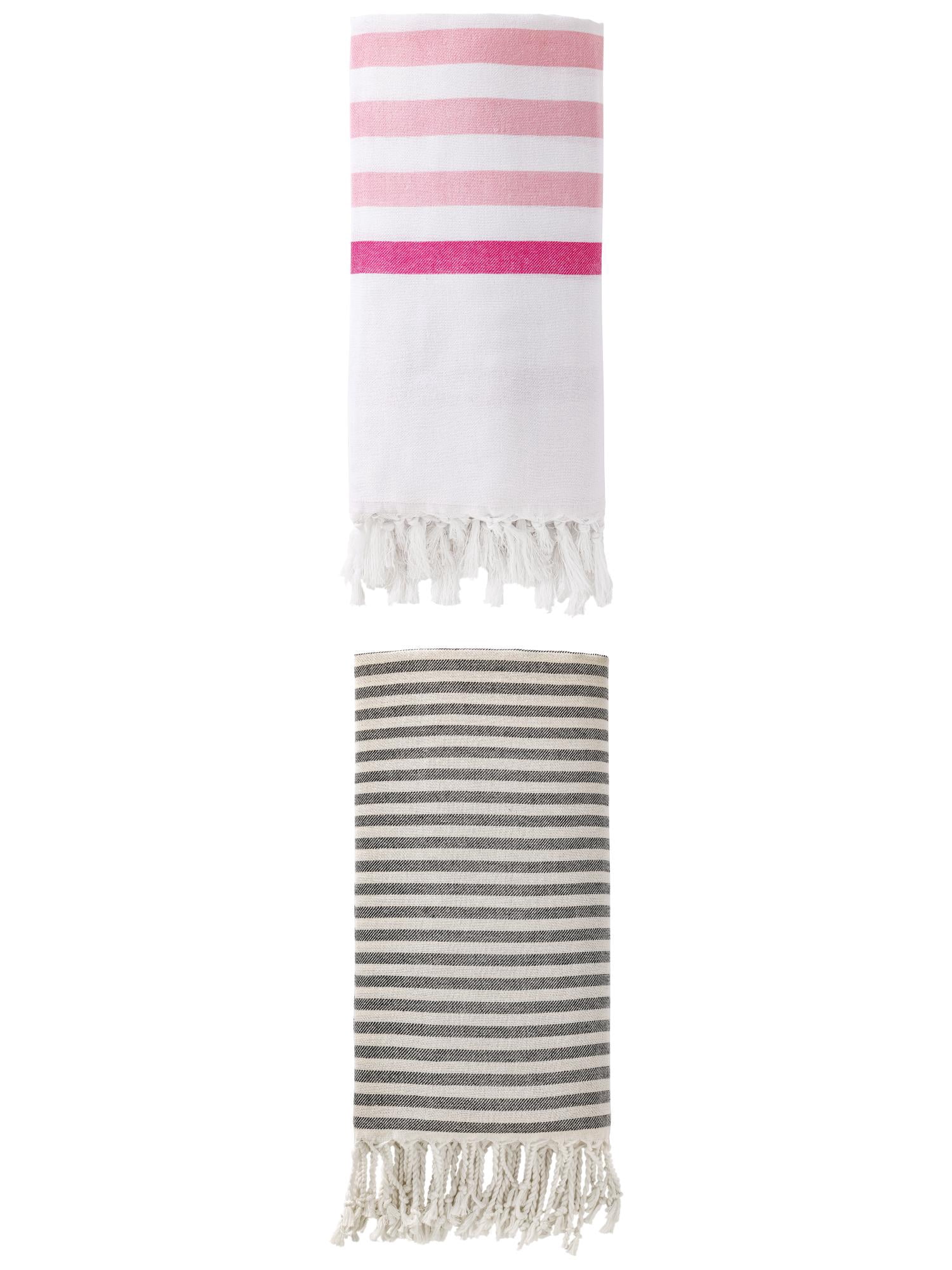 Unique Bargains 2 Pack Turkish Striped Beach Towel with Tassel Trim Pink/Black 71" x 40"